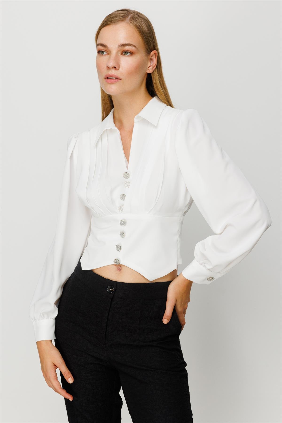 Modailgi  Pileli Crop Bluz Ekru