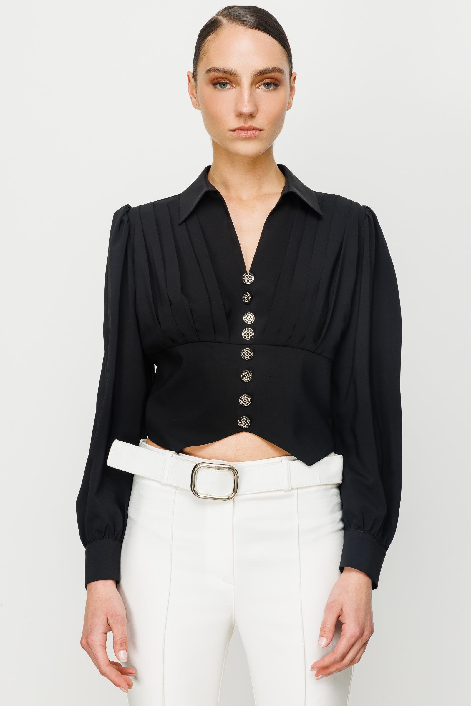 Modailgi  Pileli Crop Bluz Siyah