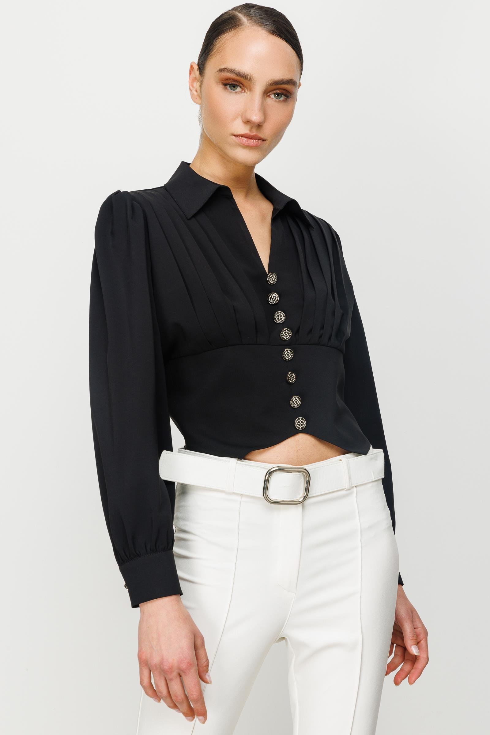 Modailgi  Pileli Crop Bluz Siyah