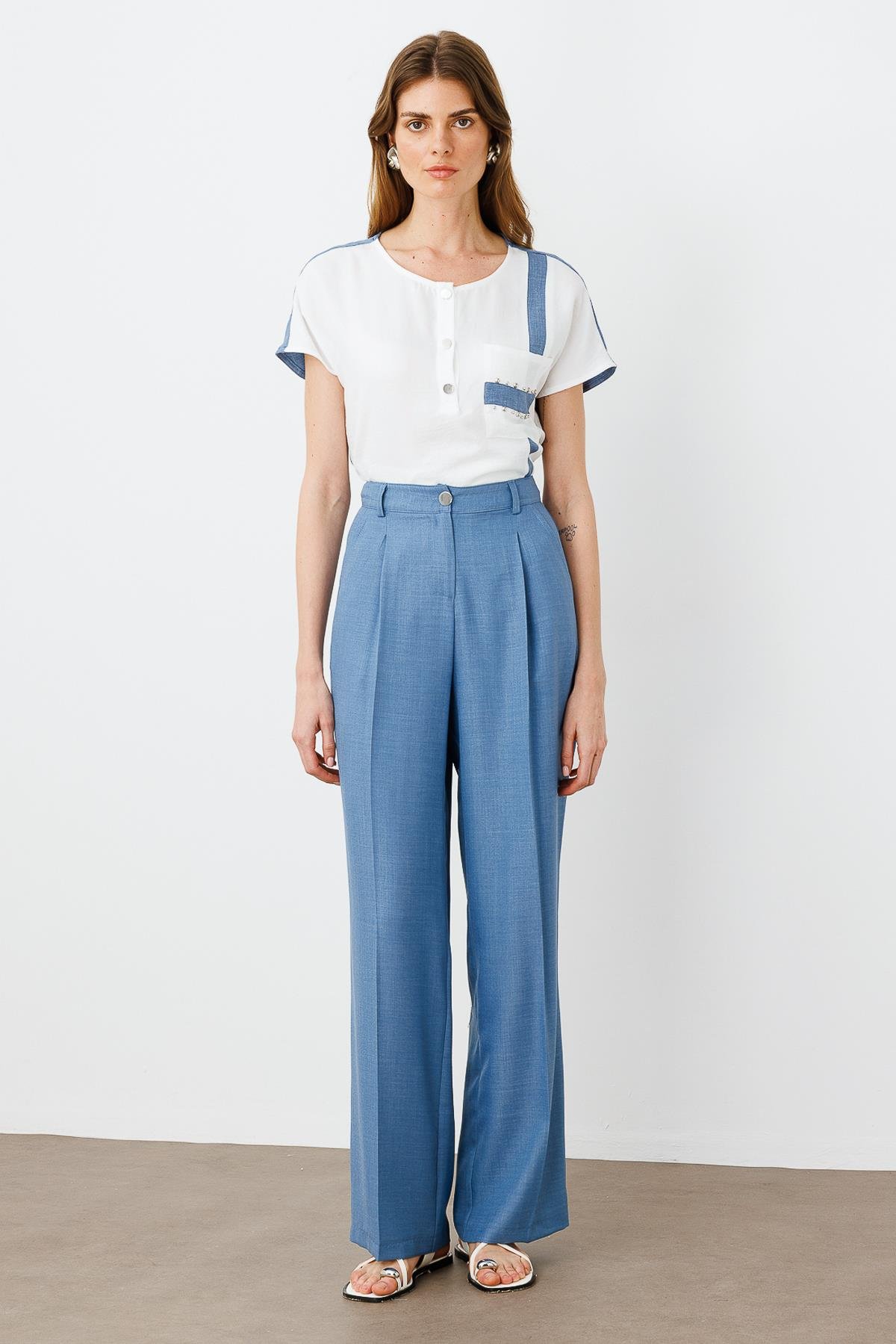 Modailgi  Pileli Yandan Cepli Palazzo Pantolon -1556 İndigo