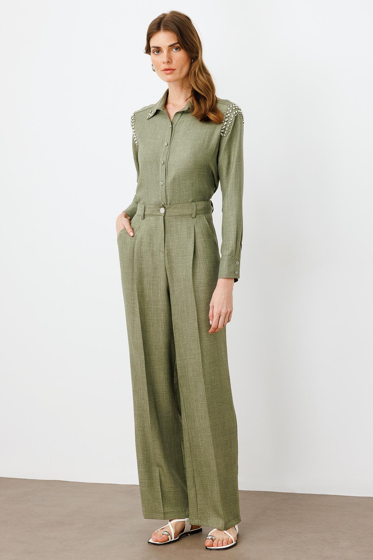 Modailgi  Pileli Yandan Cepli Palazzo Pantolon -1556 Haki