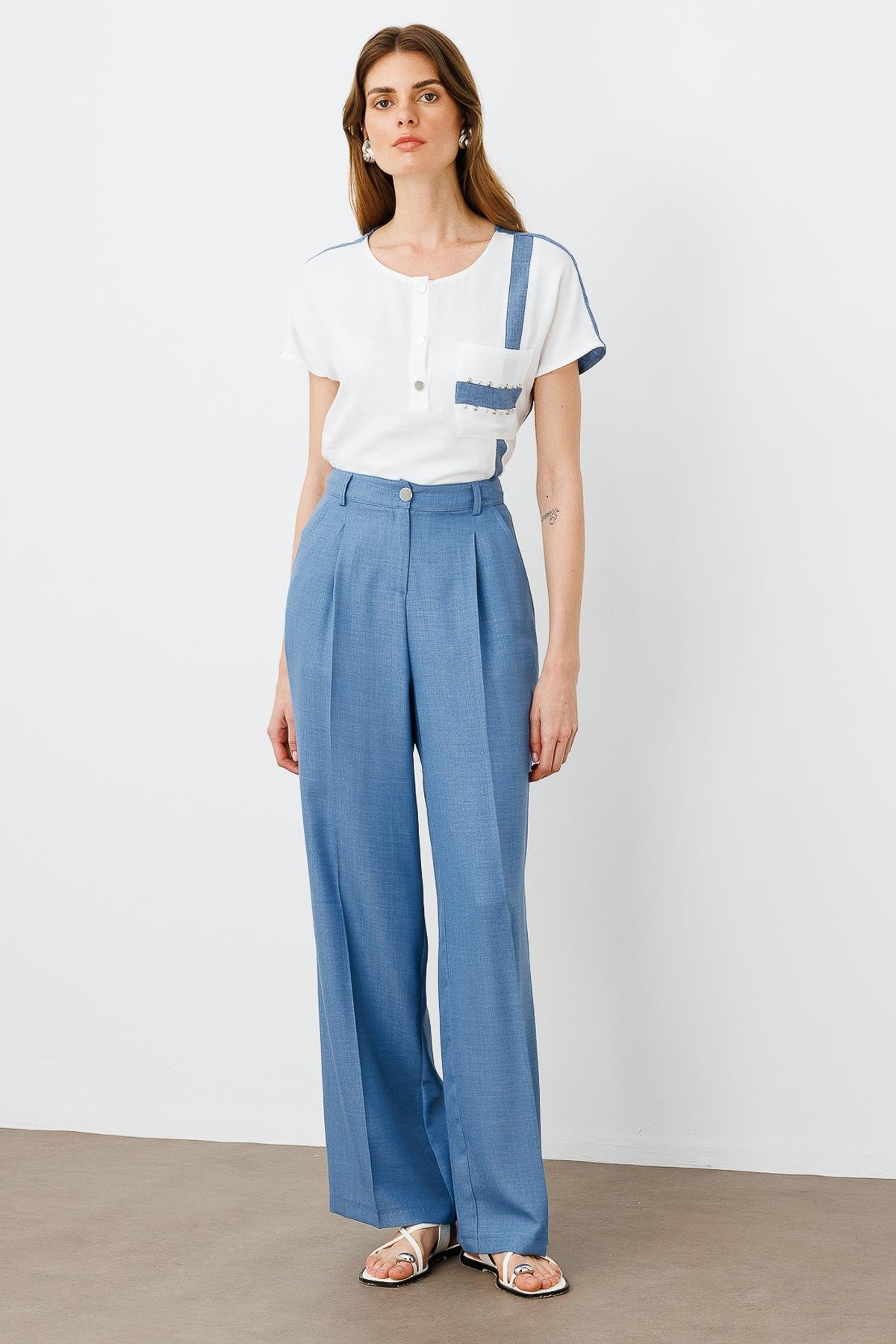 Modailgi  Pileli Yandan Cepli Palazzo Pantolon -1556 İndigo