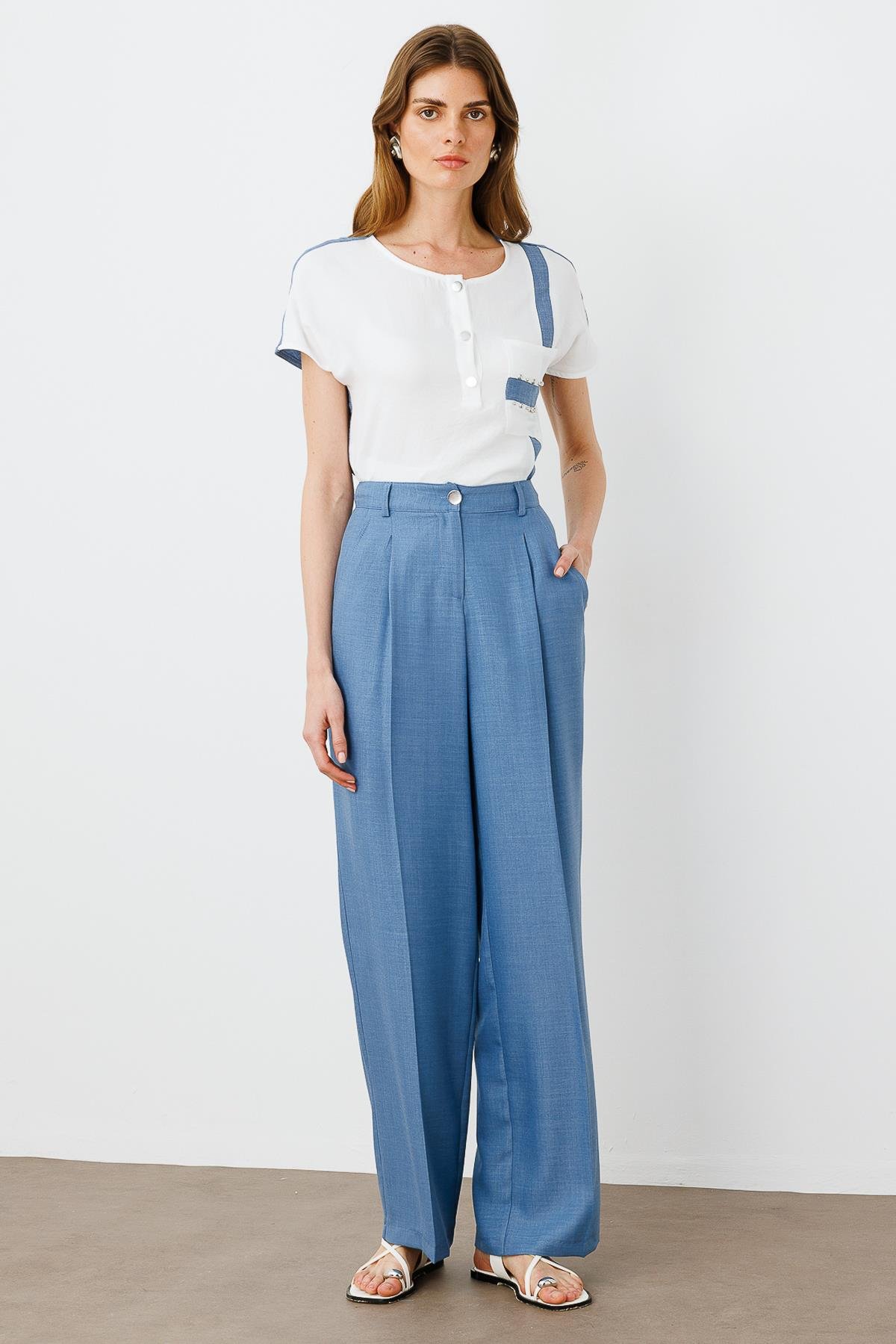 Modailgi  Pileli Yandan Cepli Palazzo Pantolon -1556 İndigo