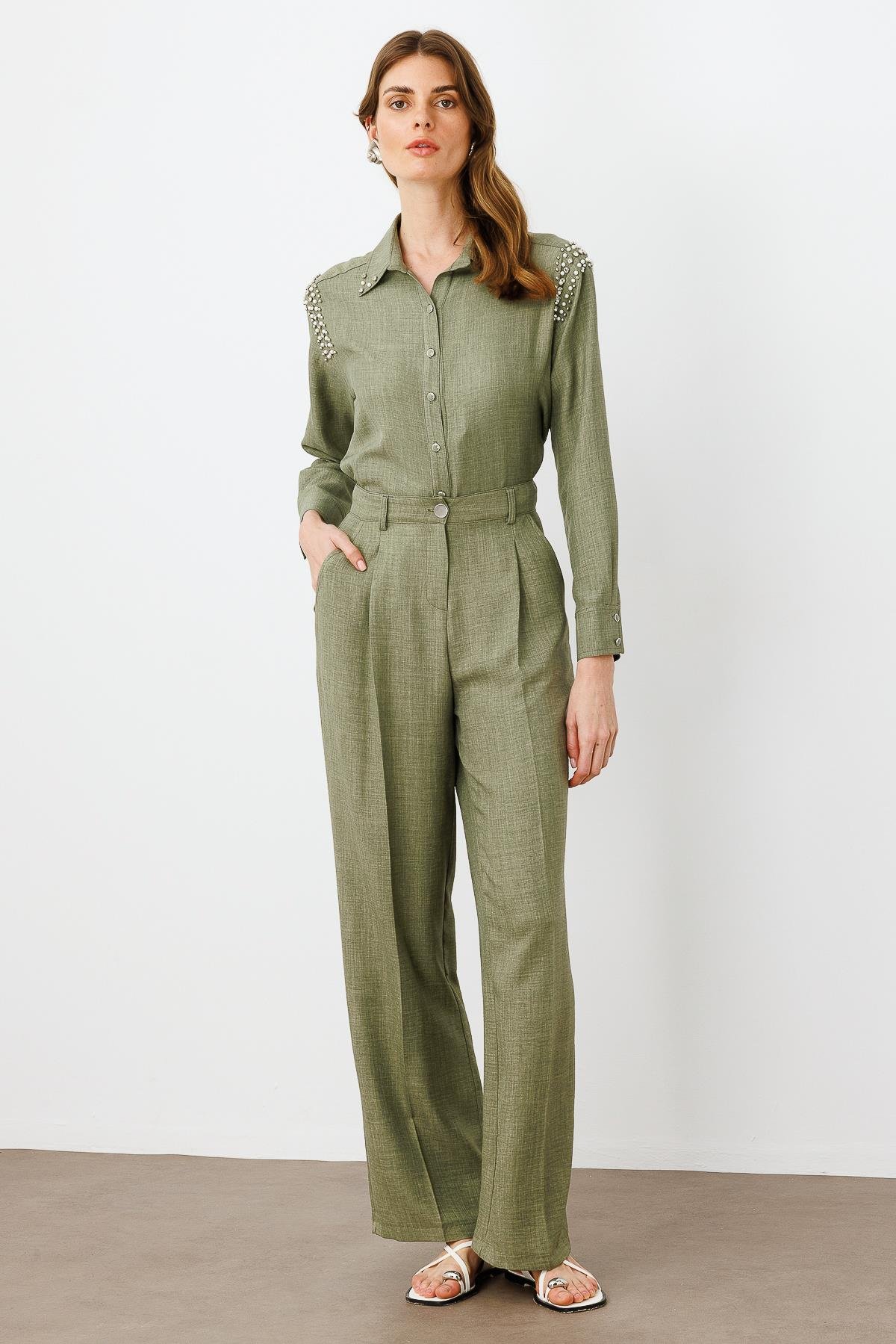 Modailgi  Pileli Yandan Cepli Palazzo Pantolon -1556 Haki