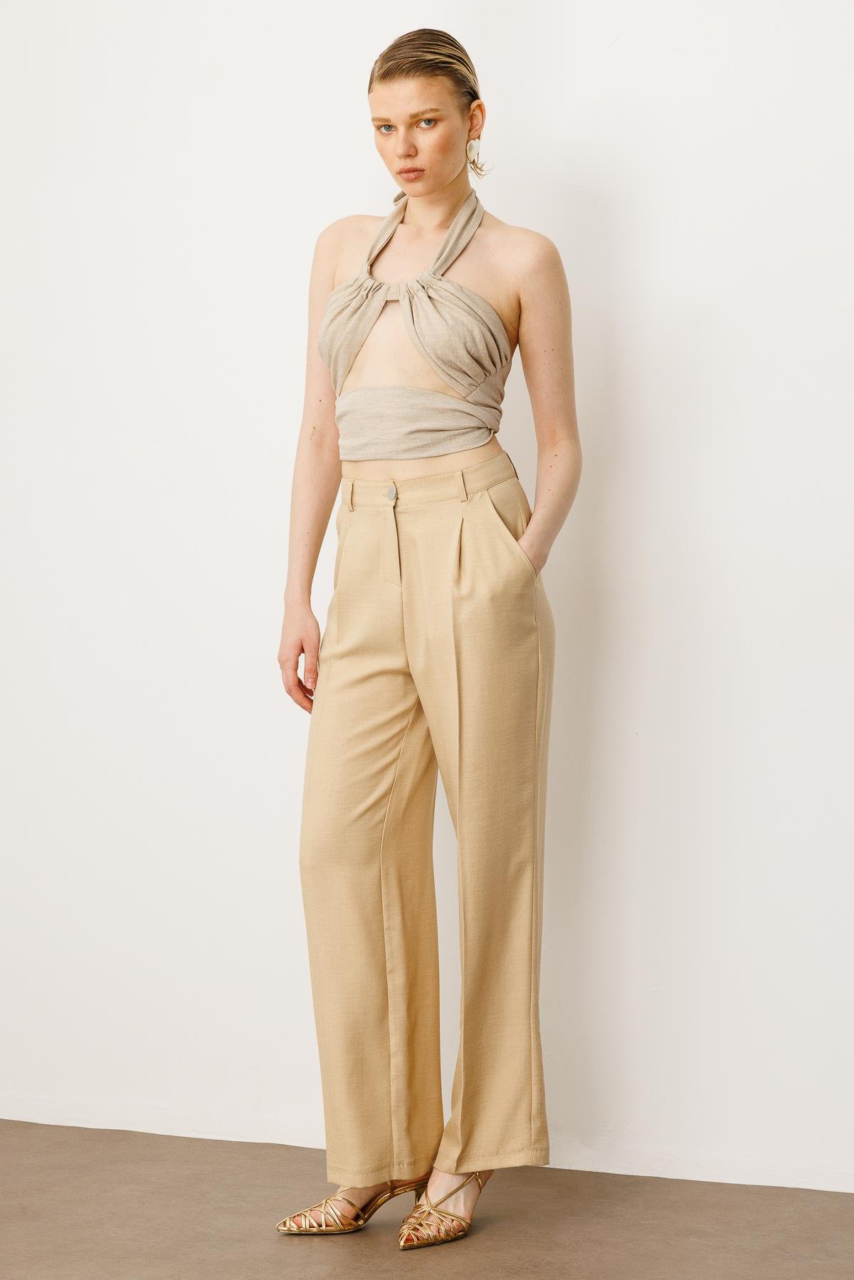 Modailgi  Pileli Yandan Cepli Palazzo Pantolon -1556 Bej