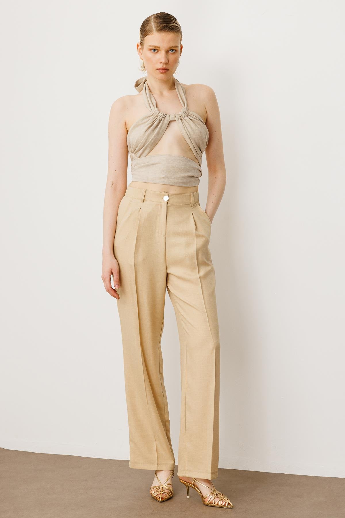 Modailgi  Pileli Yandan Cepli Palazzo Pantolon -1556 Bej