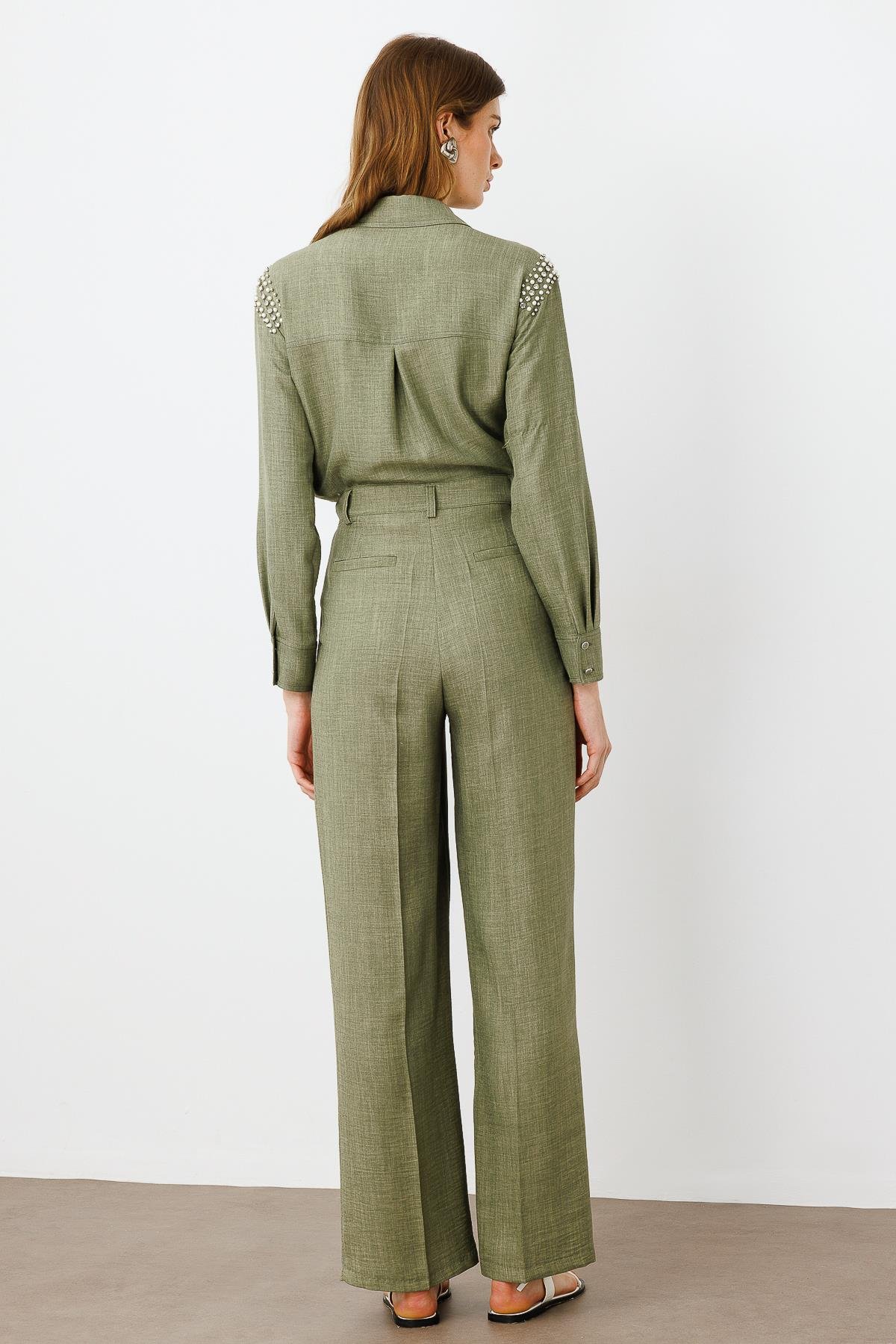 Modailgi  Pileli Yandan Cepli Palazzo Pantolon -1556 Haki