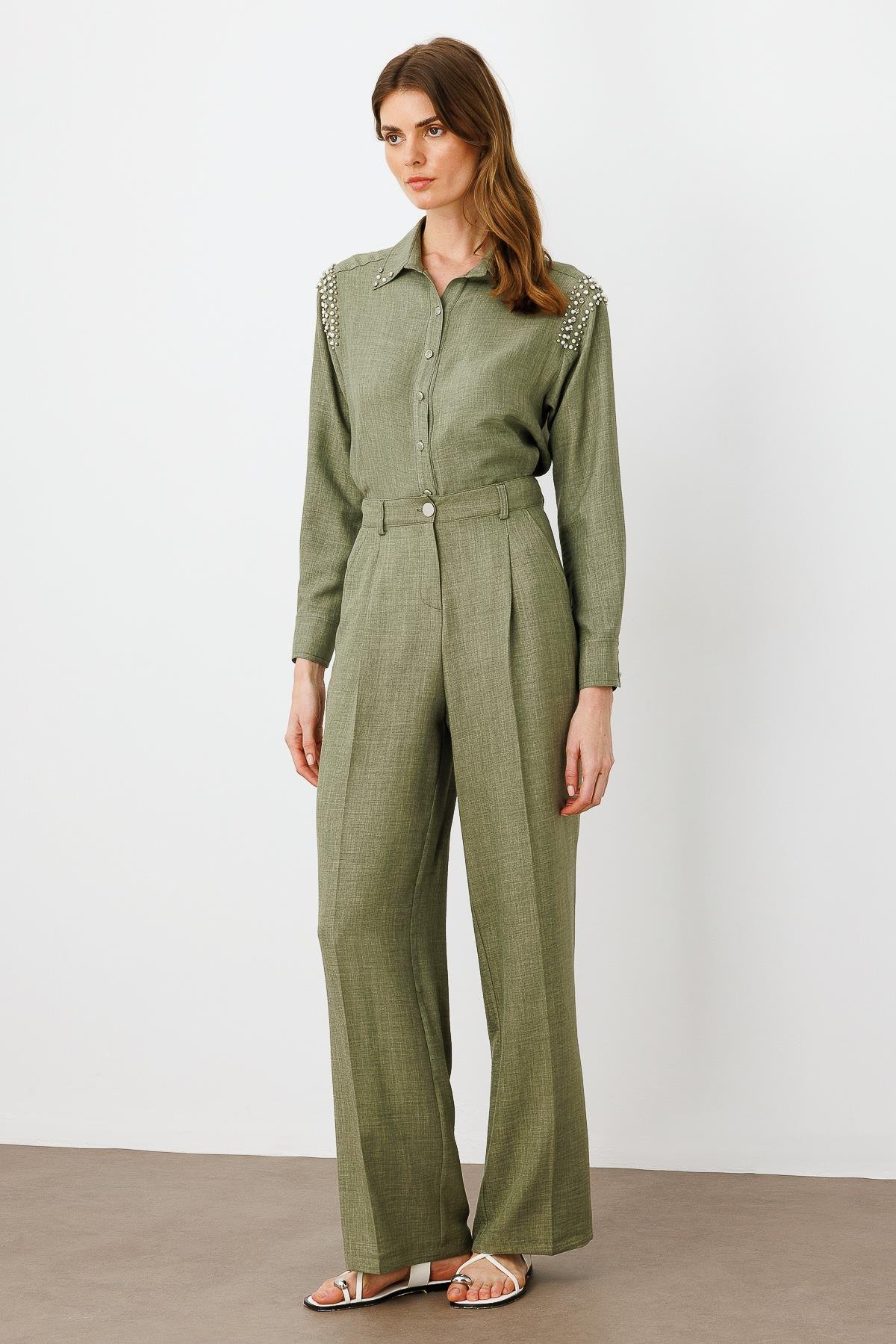 Modailgi  Pileli Yandan Cepli Palazzo Pantolon -1556 Haki