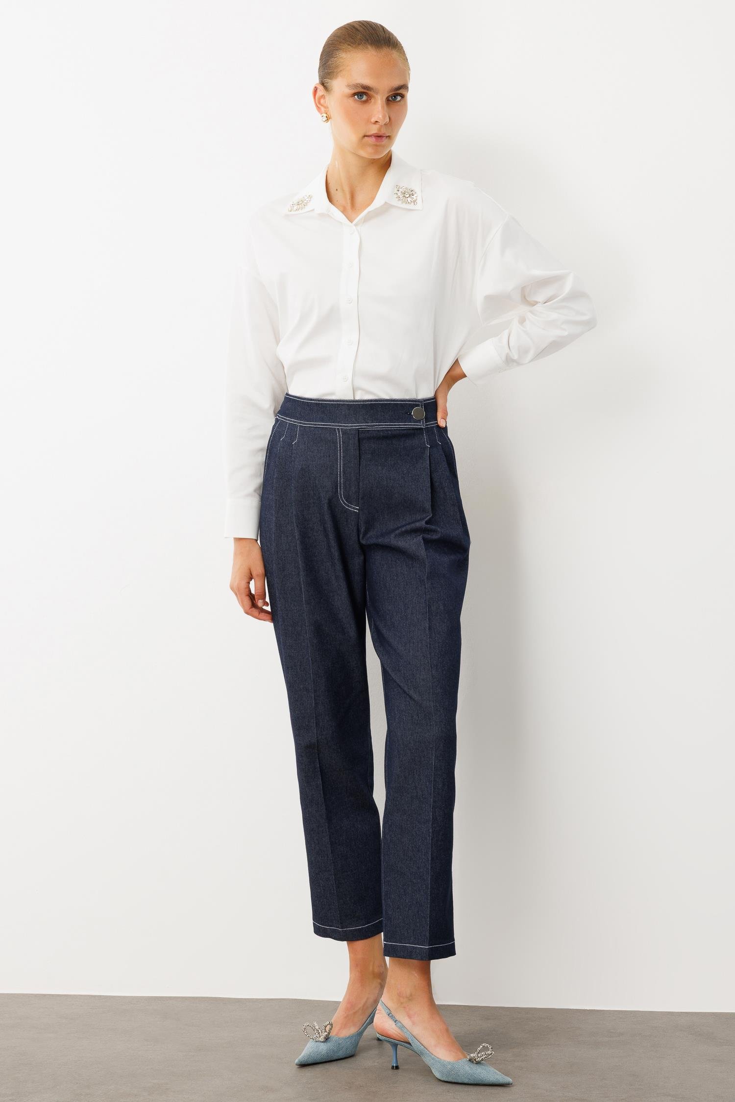 Modailgi  Pileli Yandan Cepli Uzun Kemerli Spor Dikiş Havuç Paça Tencel Kot Pantolon - 70106 Lacivert