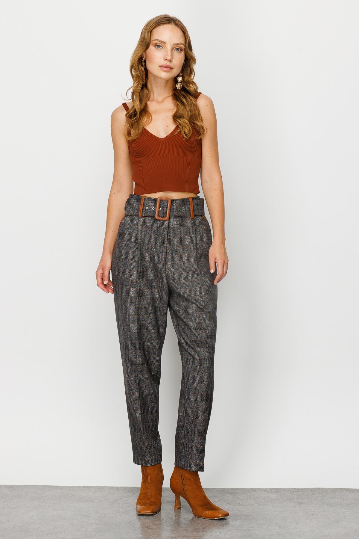 Modailgi  Pileli Yüksek Bel Ekose Pantolon Orijinal