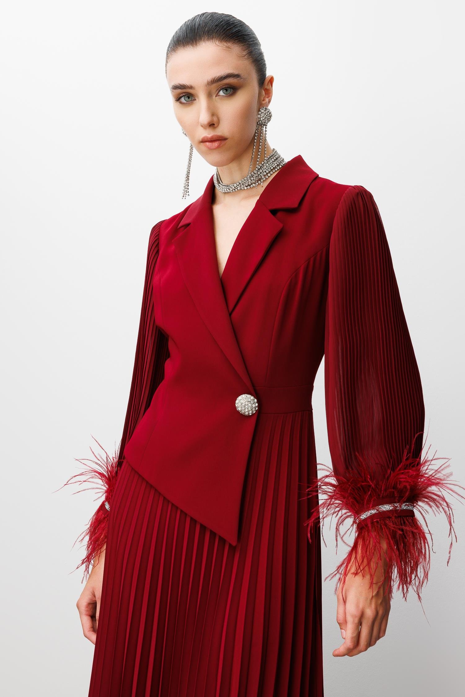 Modailgi  Plise Detaylı Manşeti Otrişli Uzun Elbise Bordo