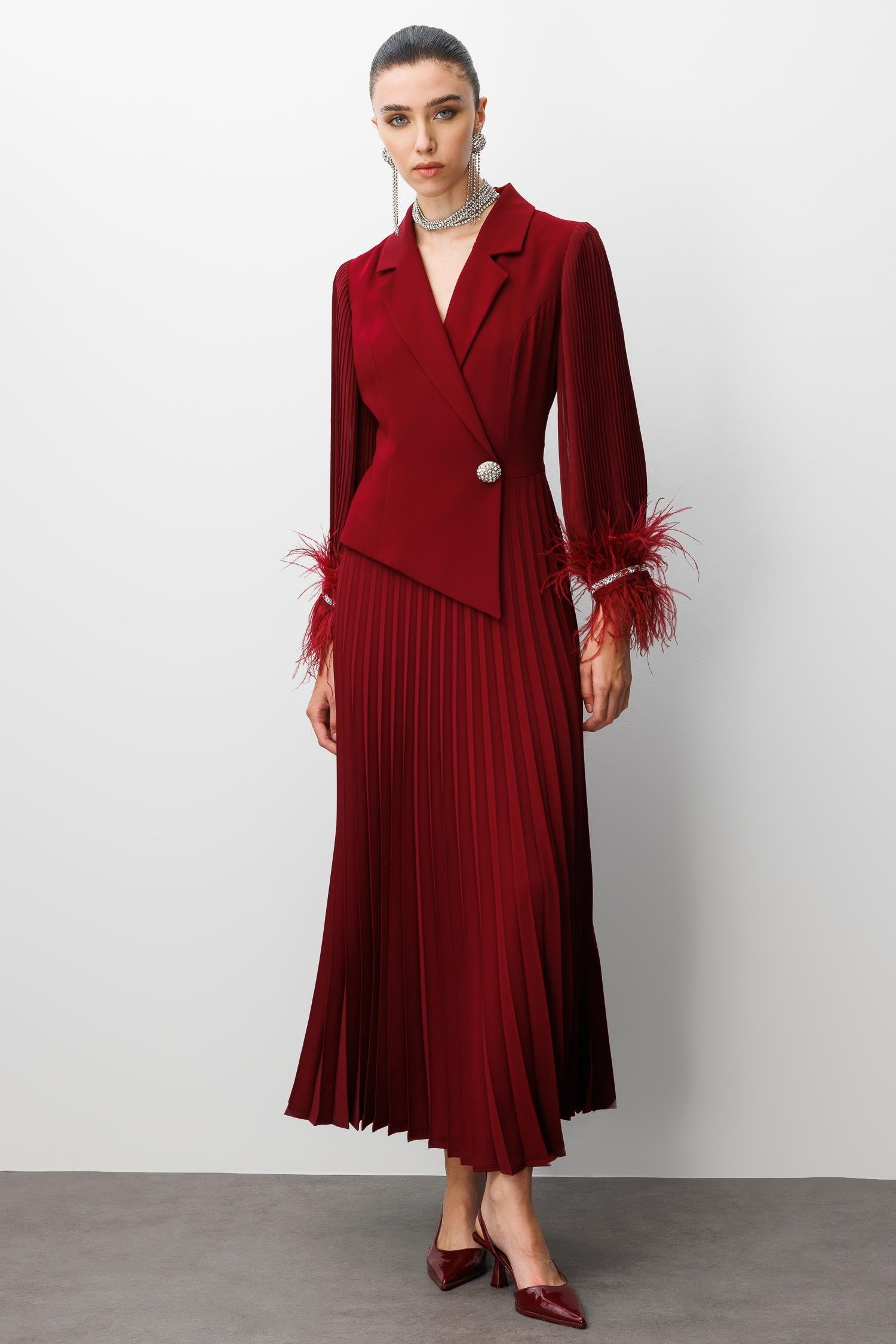 Modailgi  Plise Detaylı Manşeti Otrişli Uzun Elbise Bordo