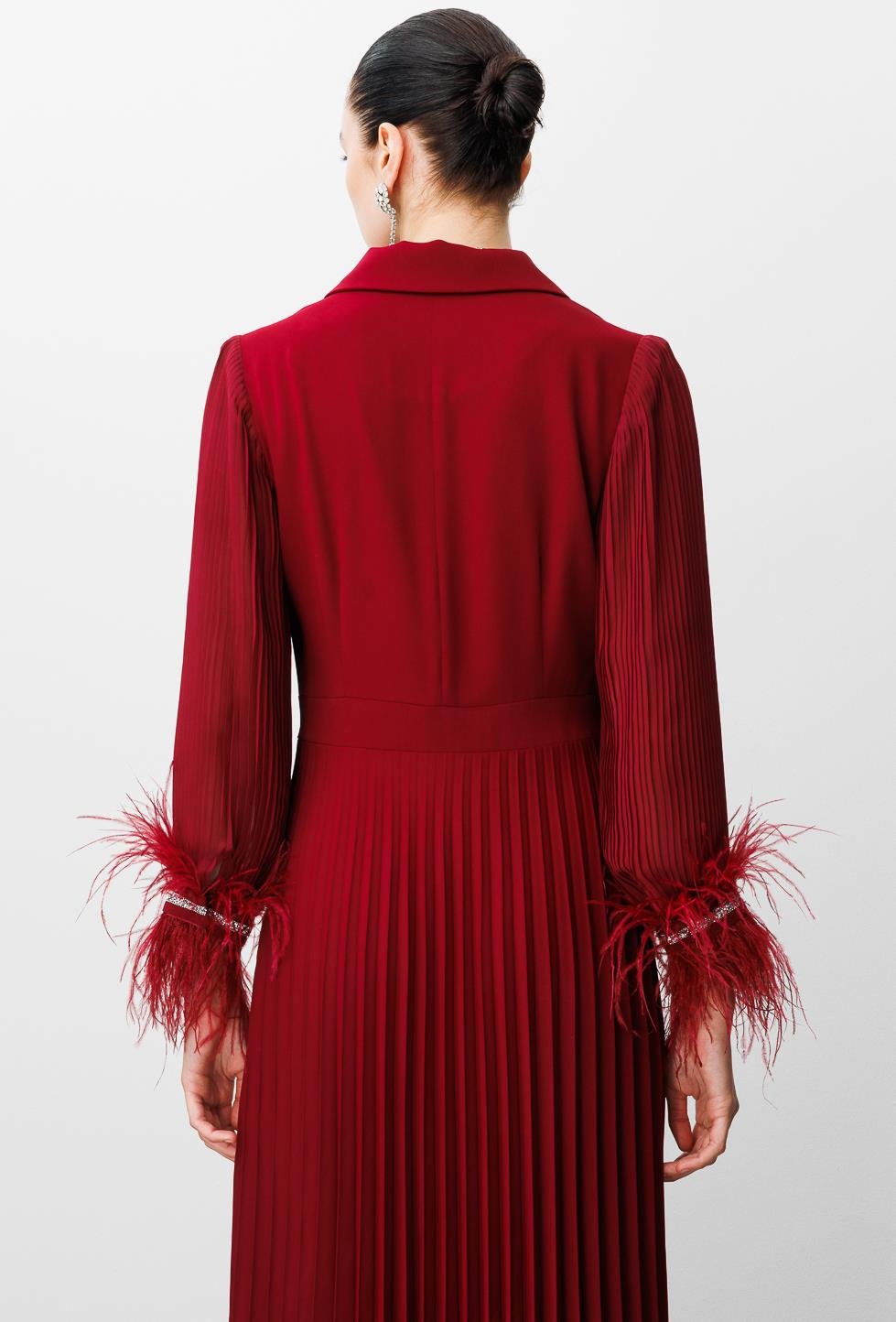 Modailgi  Plise Detaylı Manşeti Otrişli Uzun Elbise Bordo