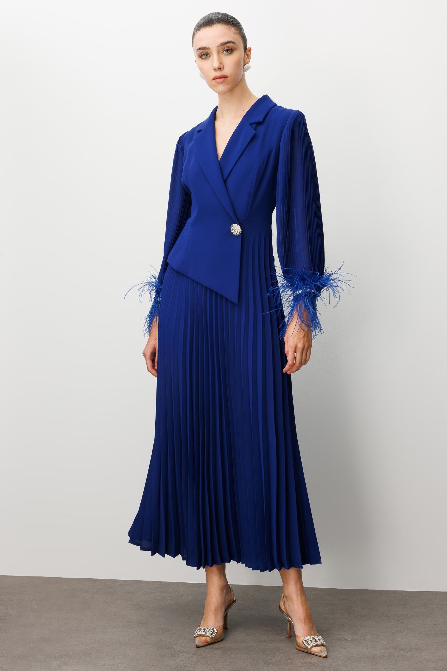 Modailgi  Plise Detaylı Manşeti Otrişli Uzun Elbise Morcivert