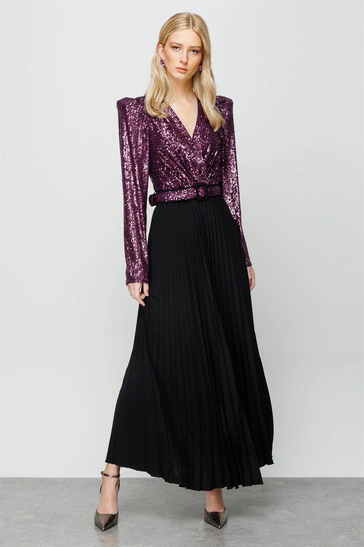 Modailgi  Pliseli Payetli Elbise Mor