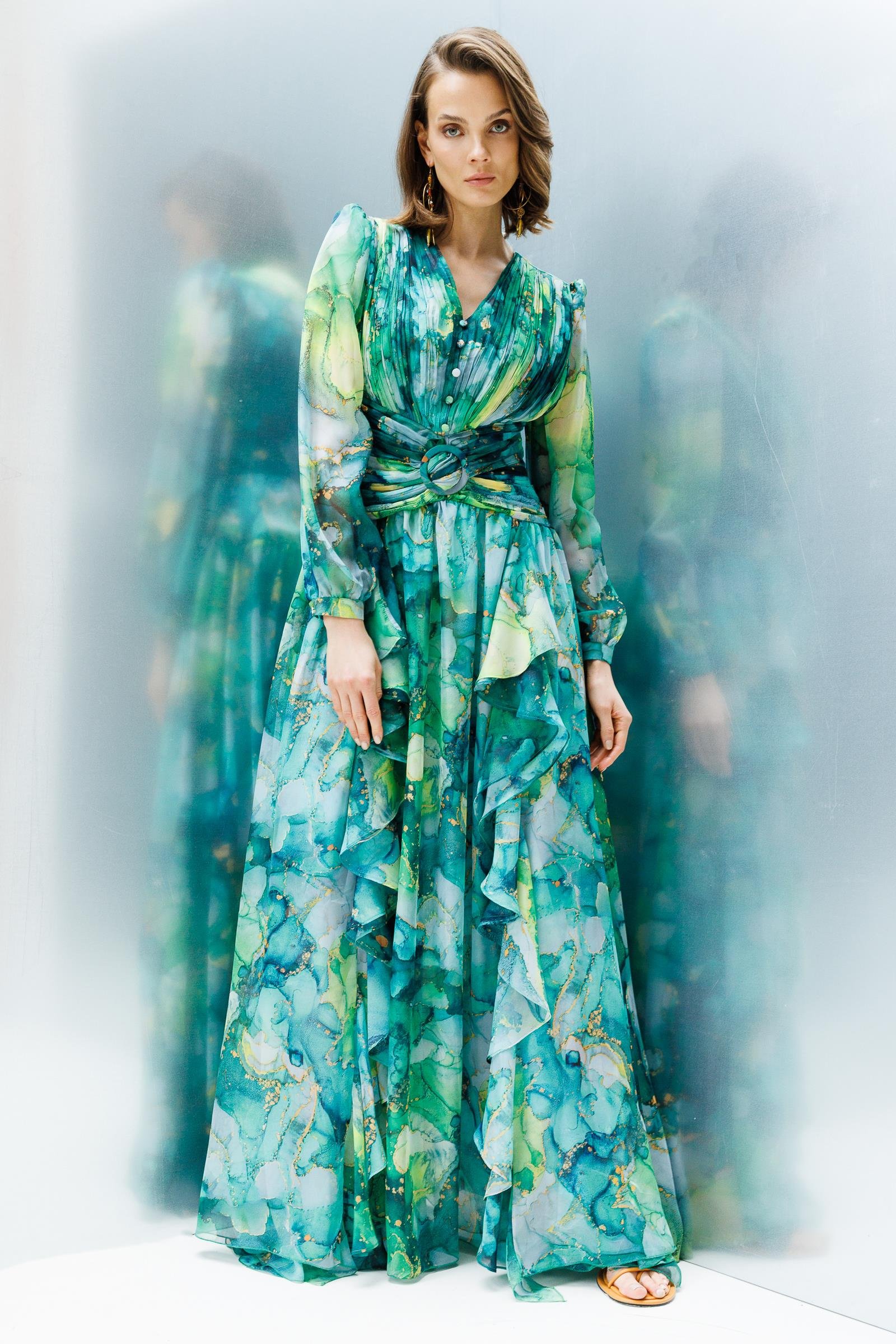 Modailgi  Pliseli Volan Detaylı Elbise Yeşil