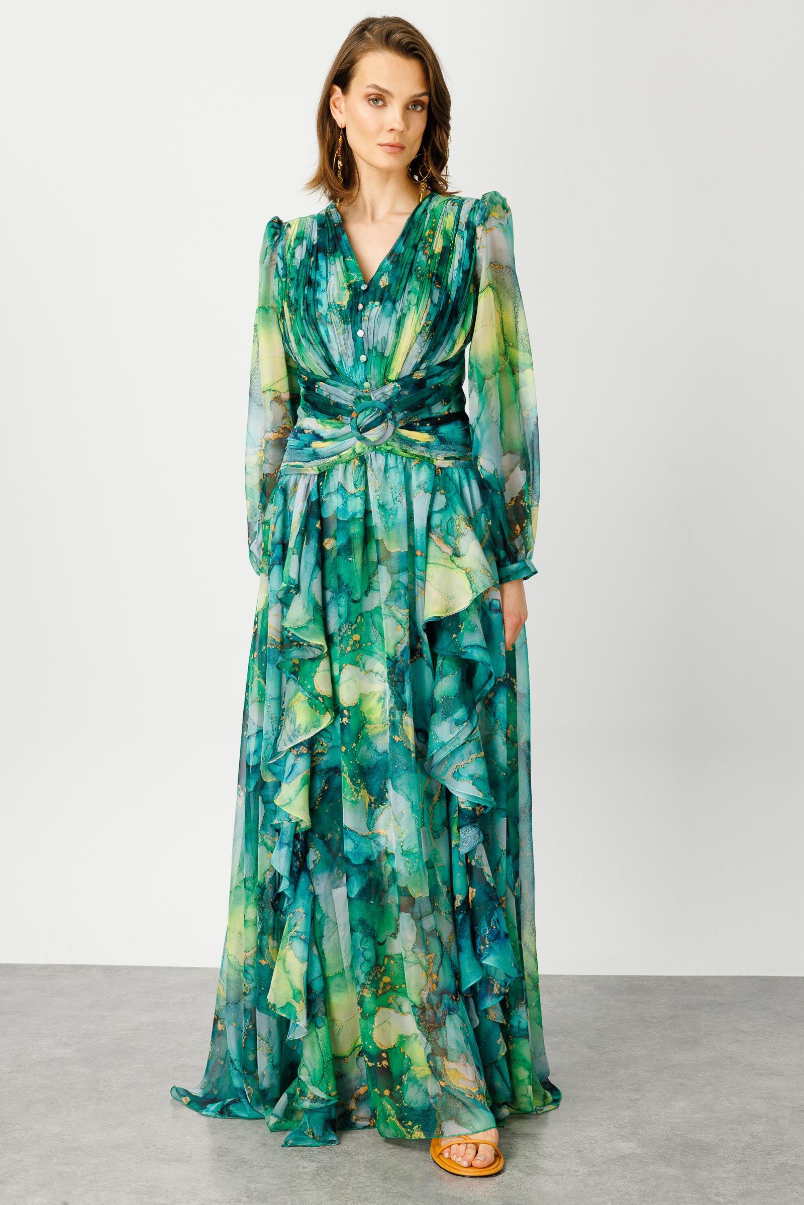 Modailgi  Pliseli Volan Detaylı Elbise Yeşil