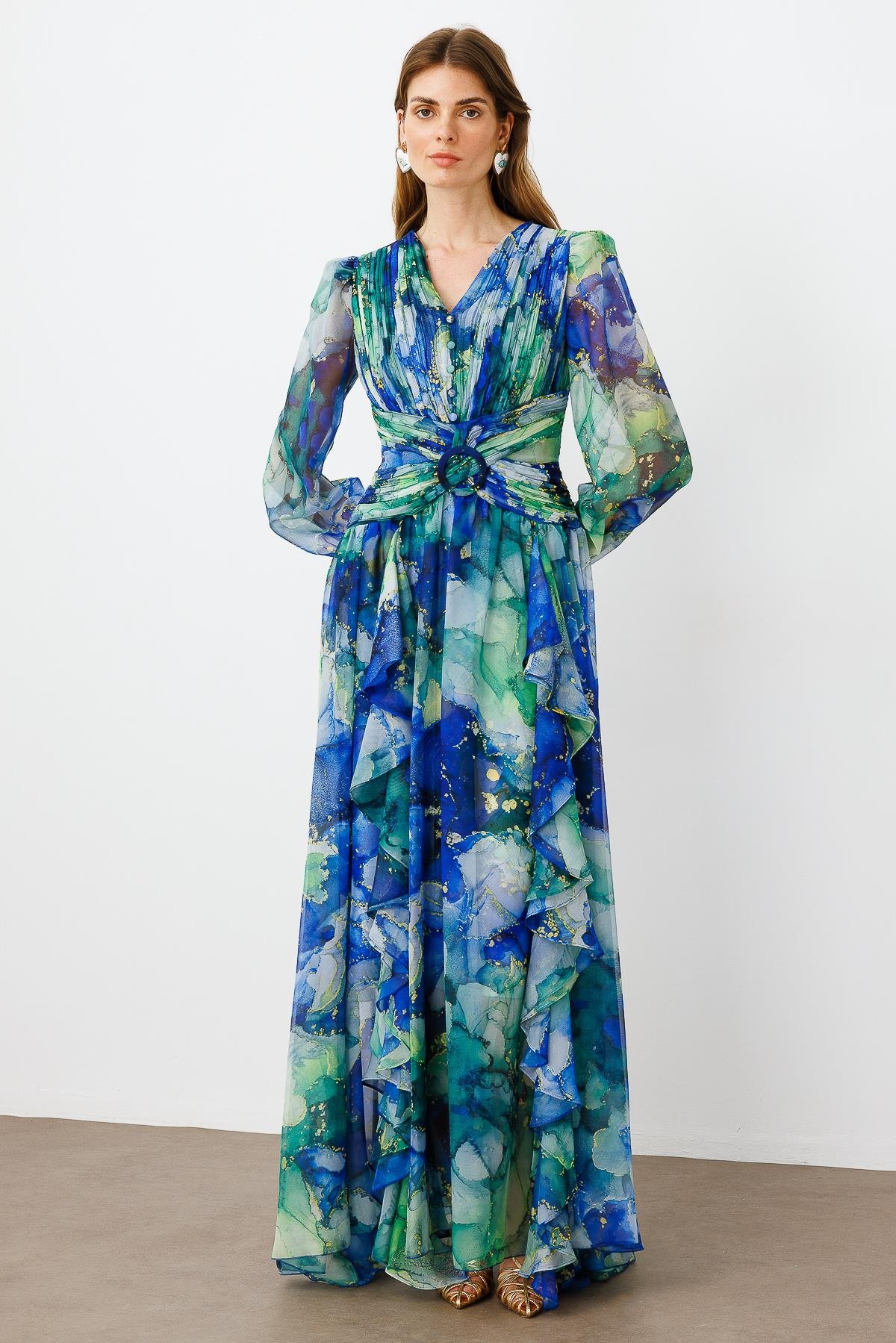 Modailgi  Pliseli Volan Detaylı Elbise Saks