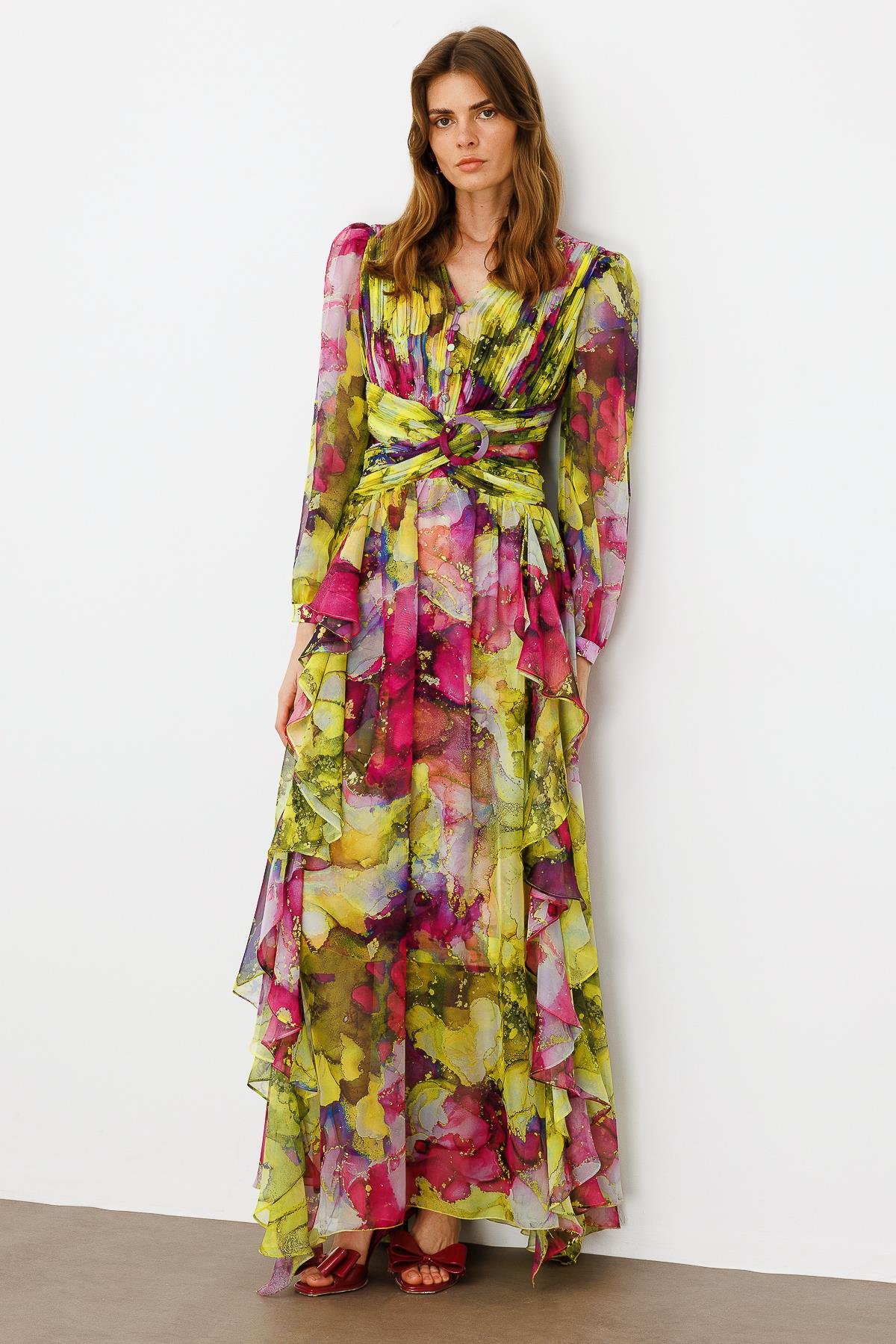 Modailgi  Pliseli Volan Detaylı Elbise Fuşya