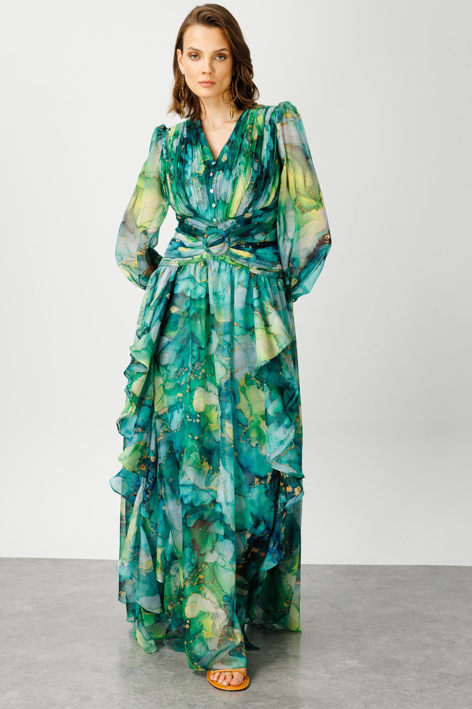 Modailgi  Pliseli Volan Detaylı Elbise Yeşil