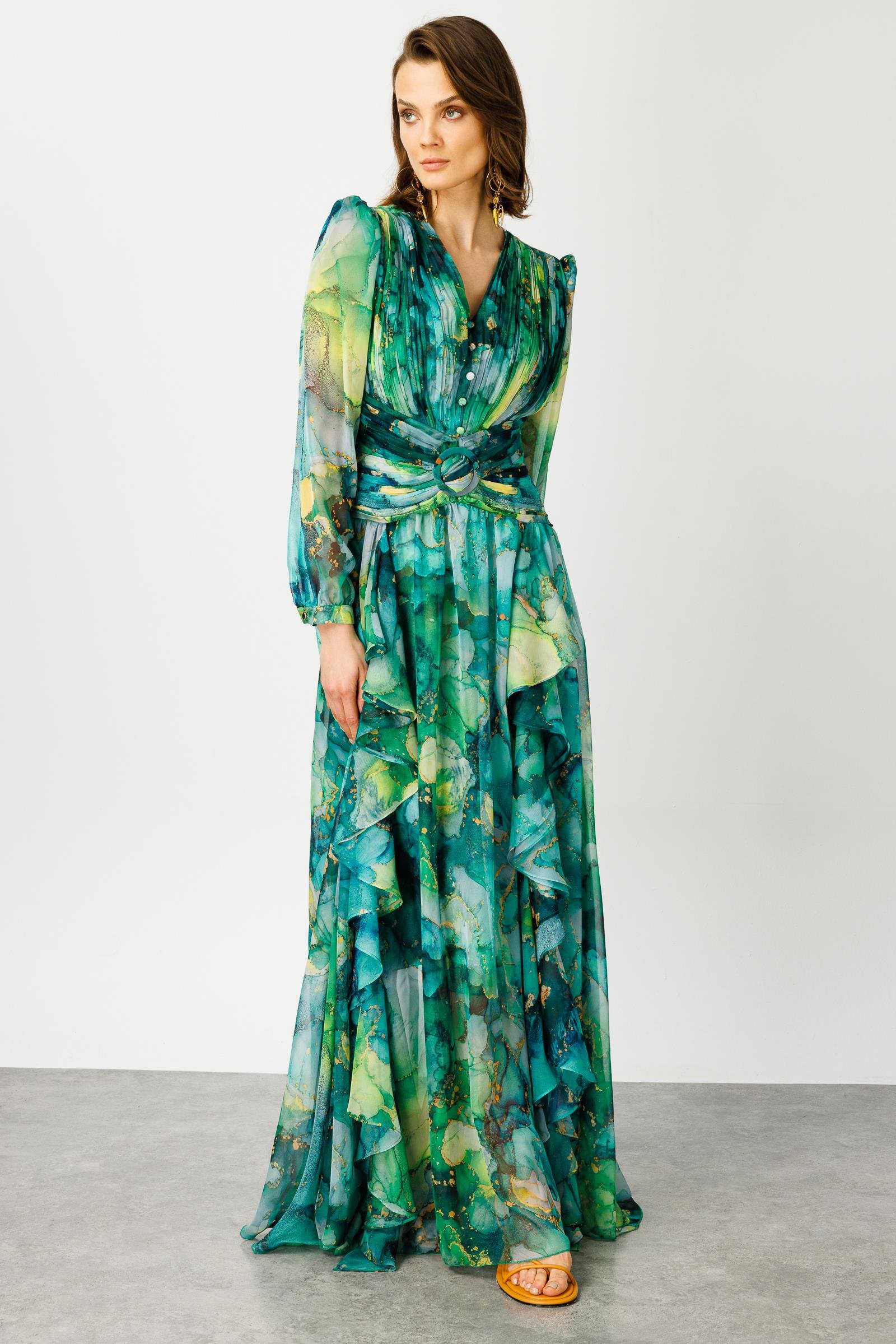 Modailgi  Pliseli Volan Detaylı Elbise Yeşil