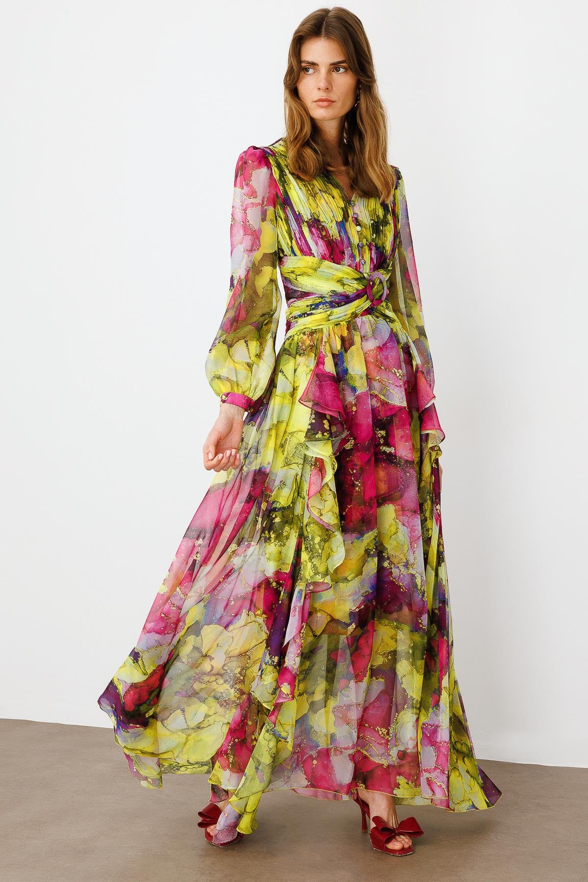 Modailgi  Pliseli Volan Detaylı Elbise Fuşya