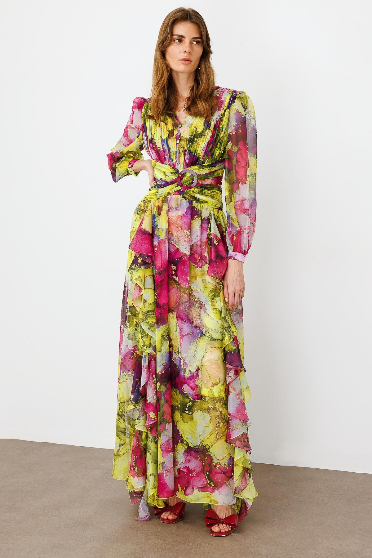 Modailgi  Pliseli Volan Detaylı Elbise Fuşya