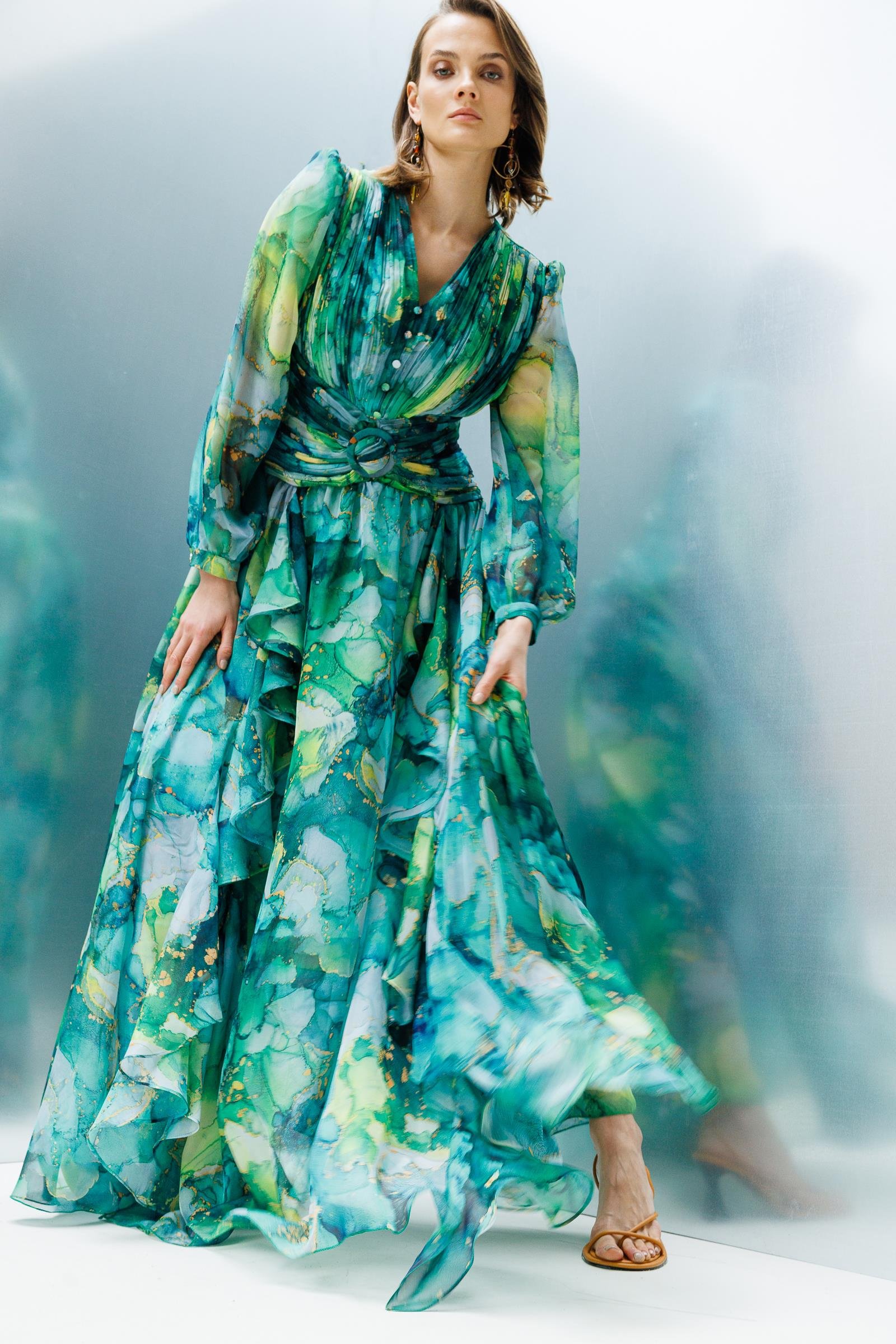 Modailgi  Pliseli Volan Detaylı Elbise Yeşil