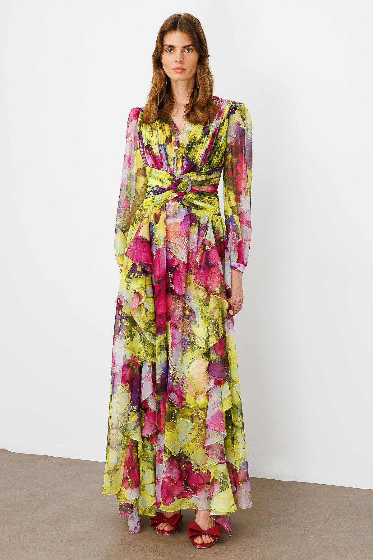 Modailgi  Pliseli Volan Detaylı Elbise Fuşya