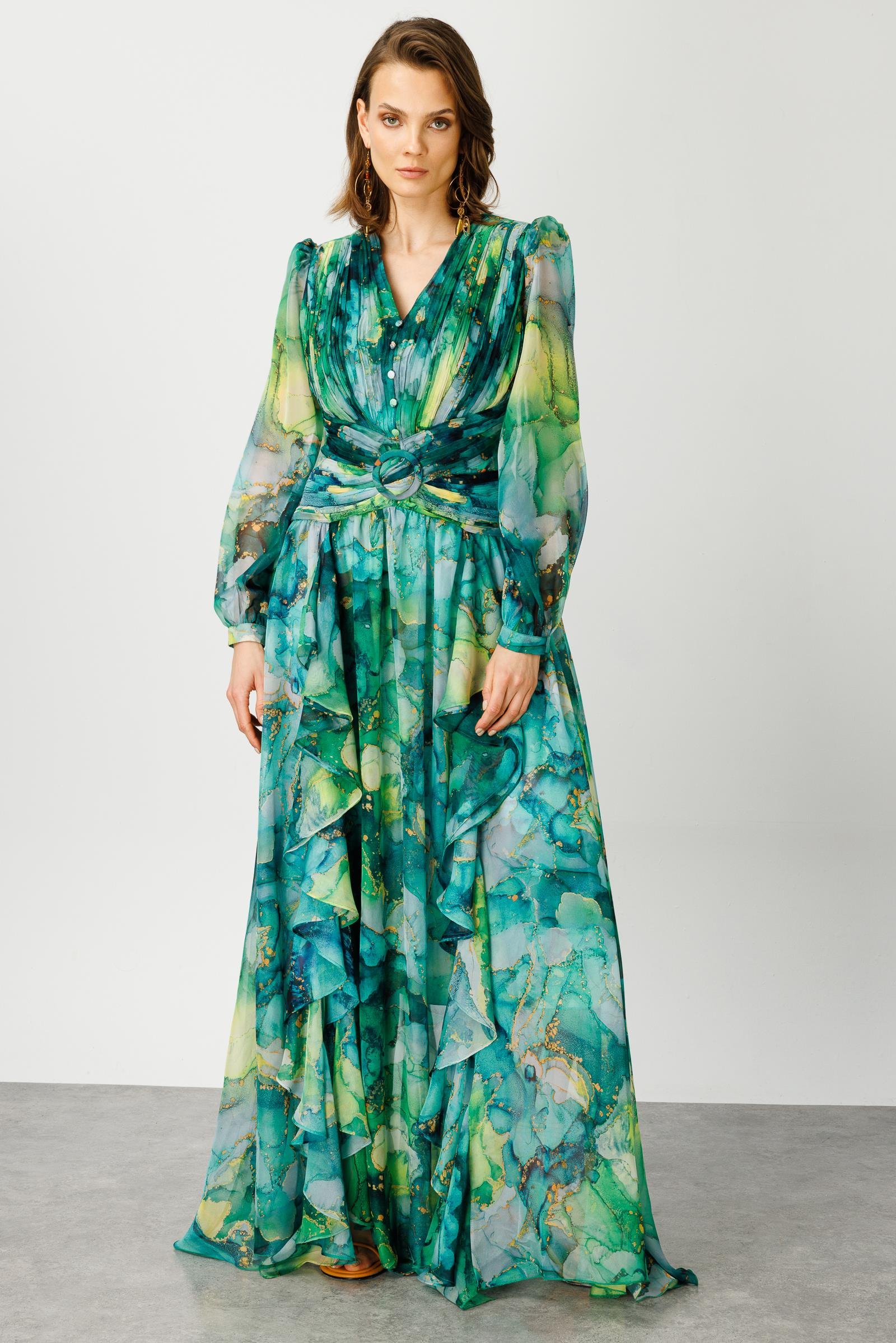 Modailgi  Pliseli Volan Detaylı Elbise Yeşil