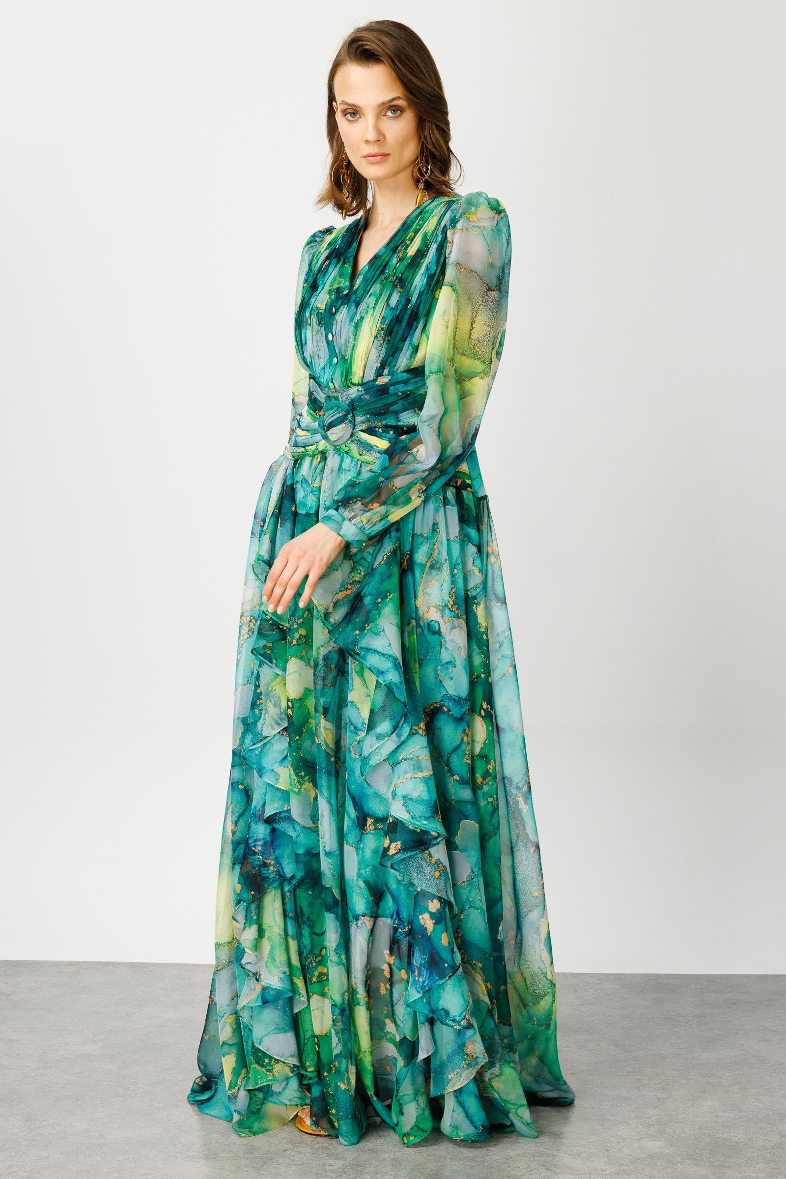 Modailgi  Pliseli Volan Detaylı Elbise Yeşil