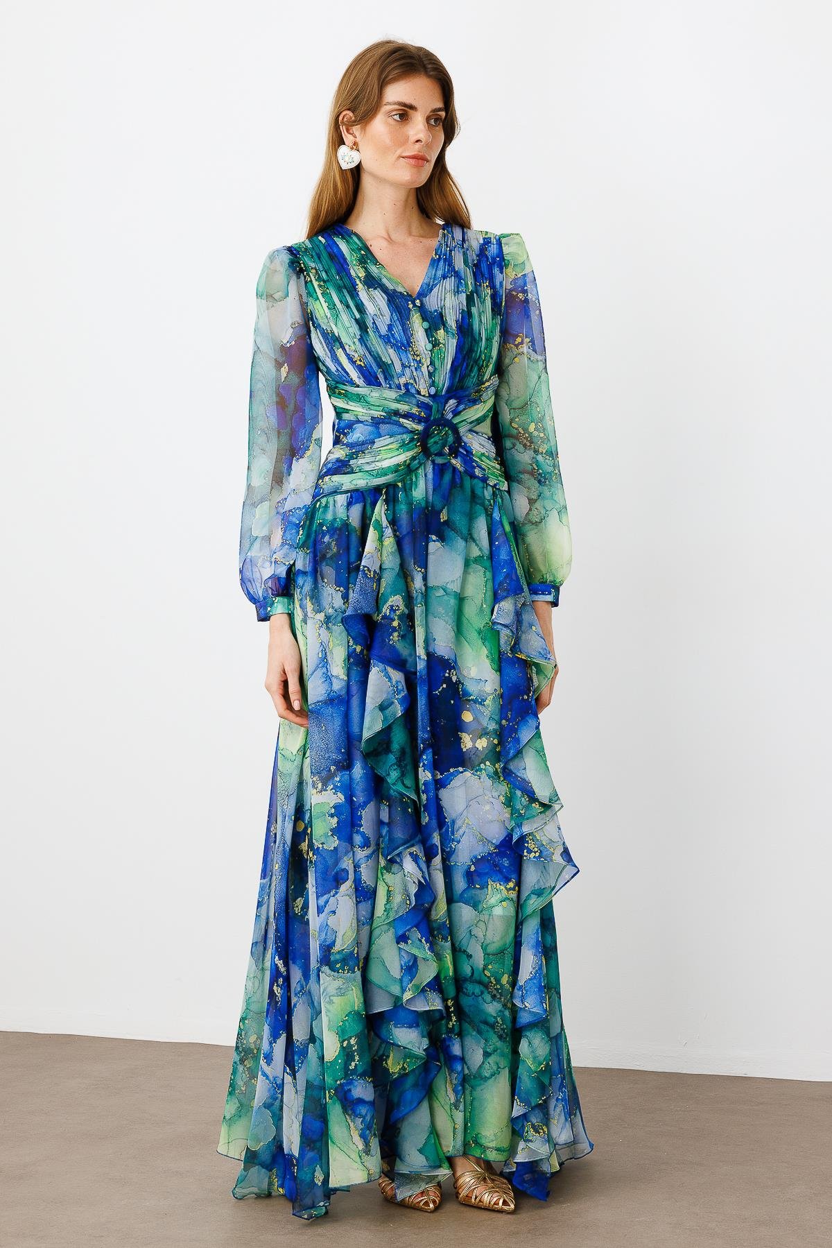 Modailgi  Pliseli Volan Detaylı Elbise Saks