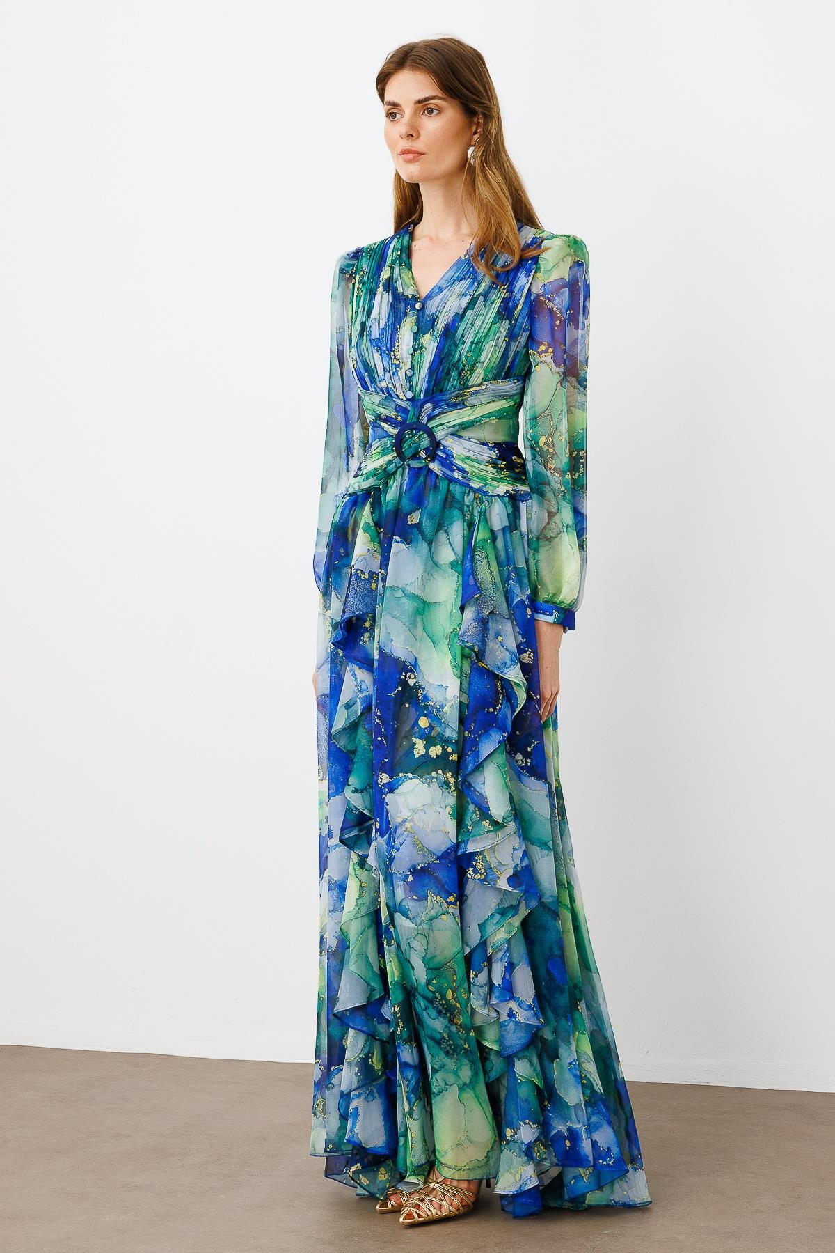 Modailgi  Pliseli Volan Detaylı Elbise Saks