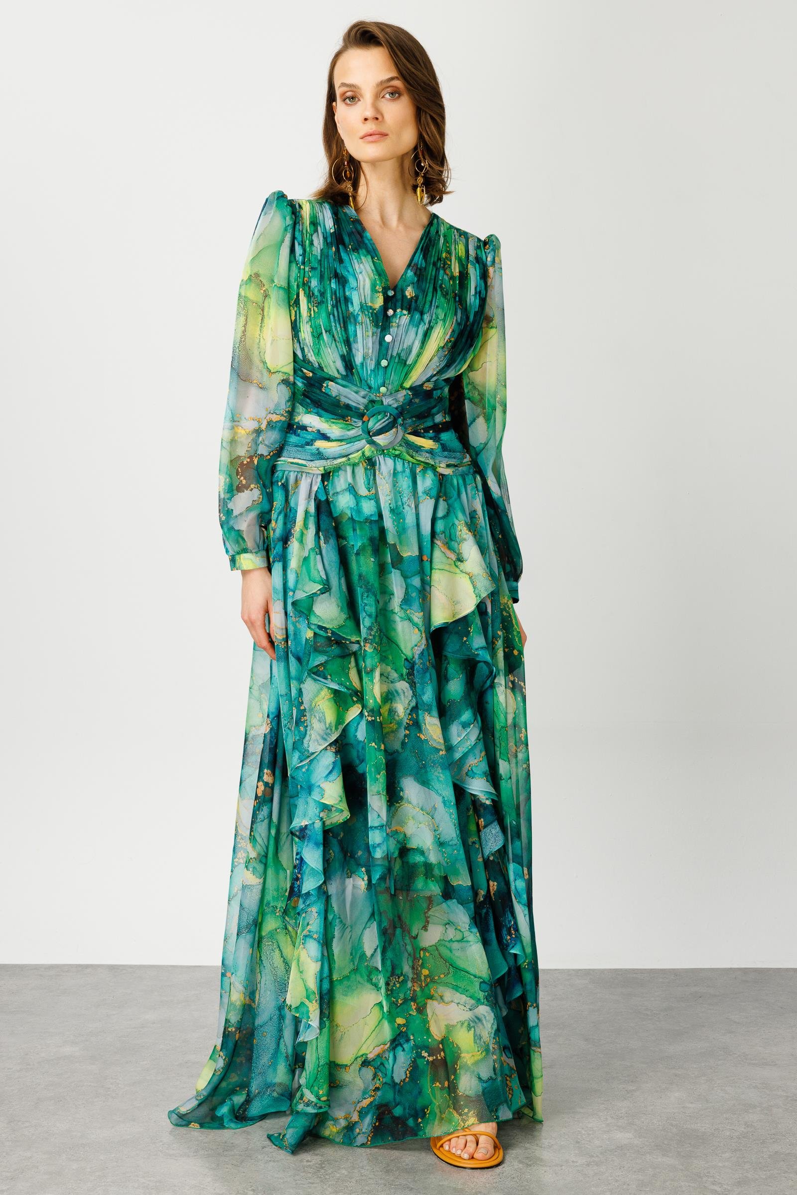 Modailgi  Pliseli Volan Detaylı Elbise Yeşil