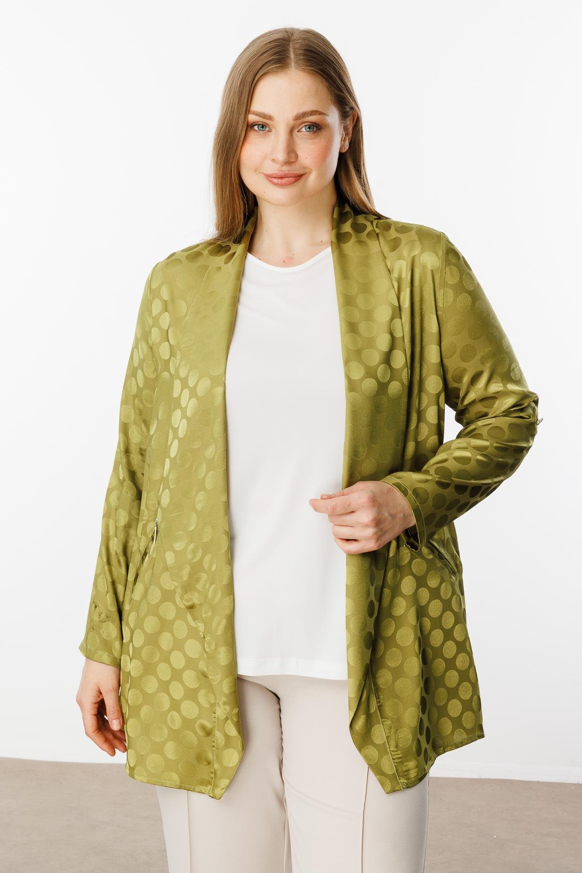 Modailgi  Puan Jakarlı Şal Yaka İkili Takım Olive