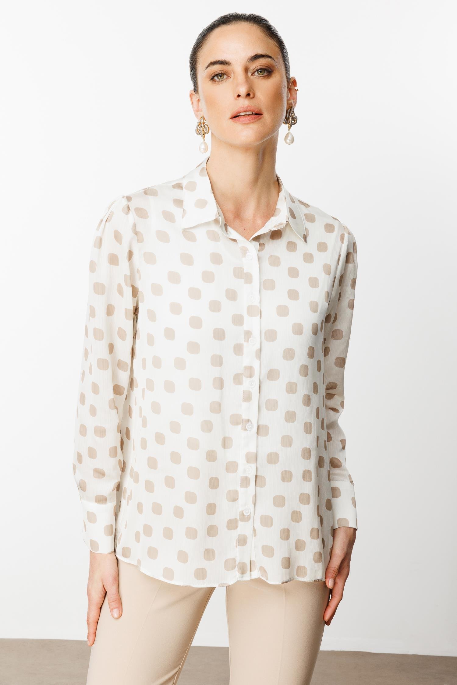 Modailgi  Puanlı Oversize Saten Gömlek Taş