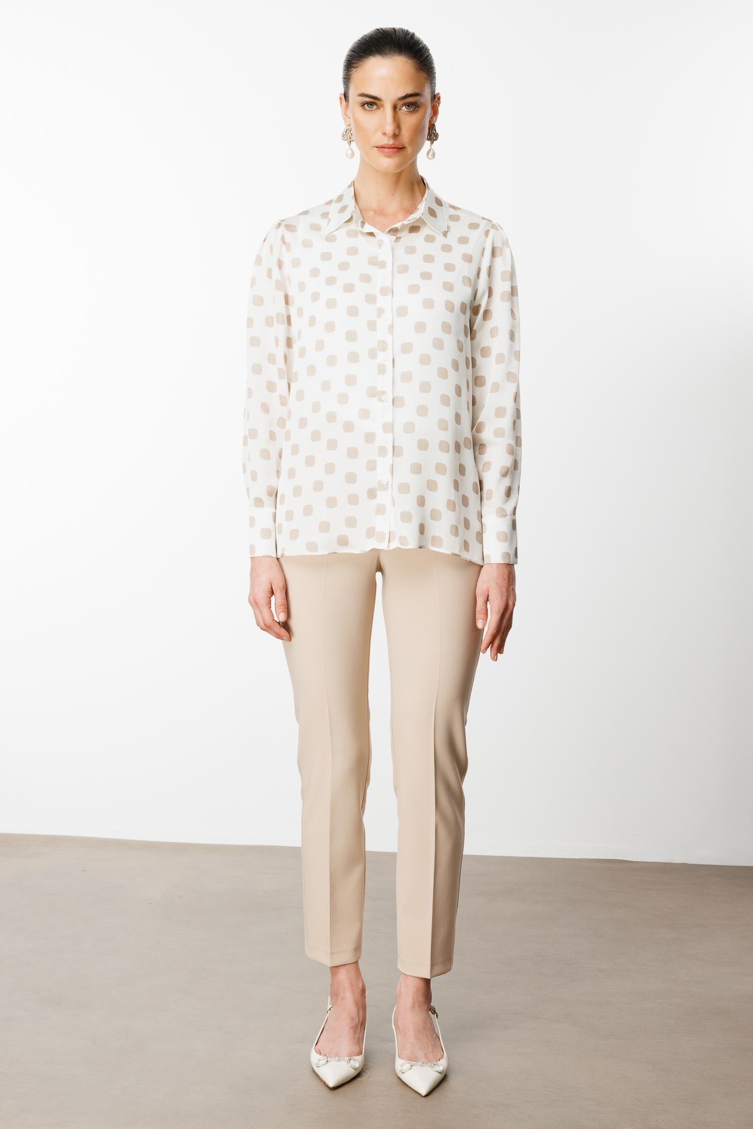 Modailgi  Puanlı Oversize Saten Gömlek Taş