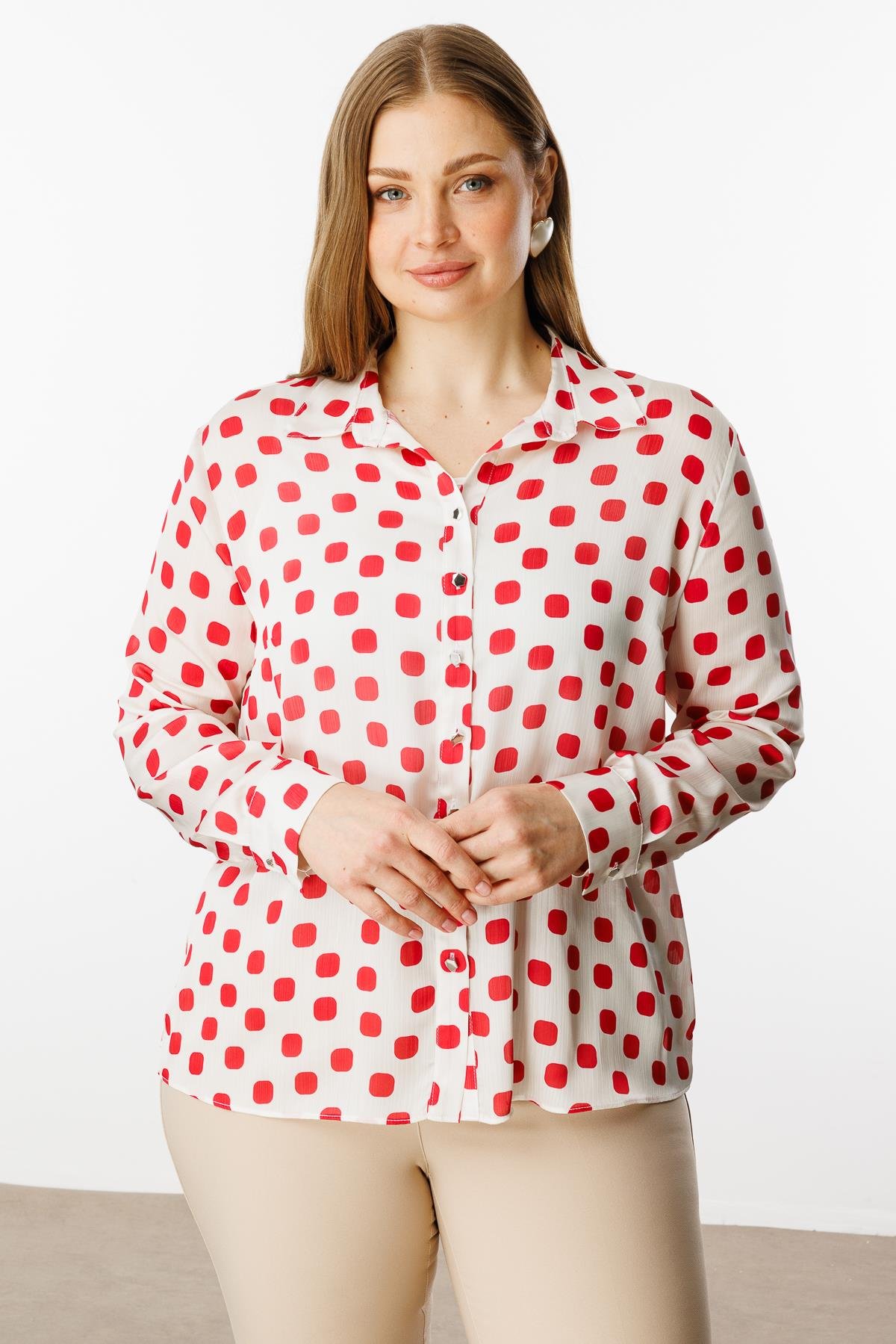 Modailgi  Puanlı Oversize Saten Gömlek Kırmızı