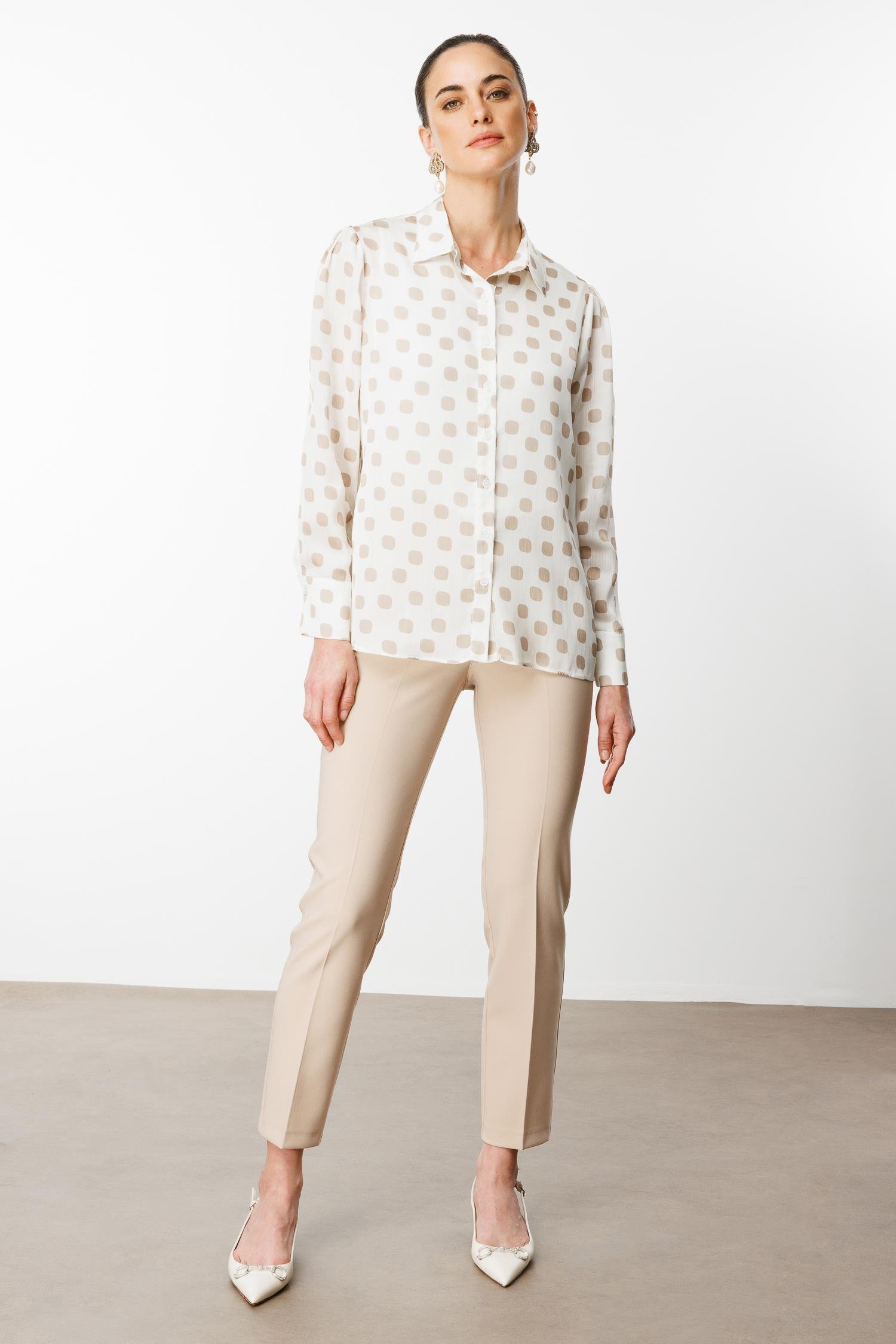 Modailgi  Puanlı Oversize Saten Gömlek Taş