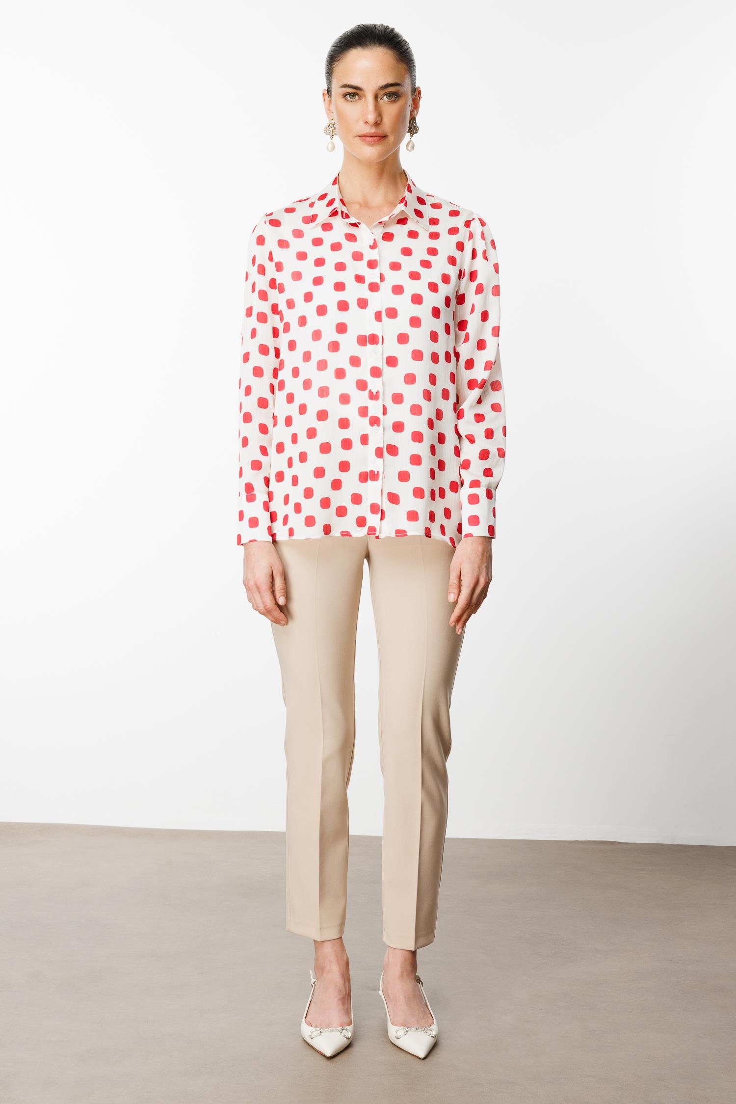 Modailgi  Puanlı Oversize Saten Gömlek Kırmızı