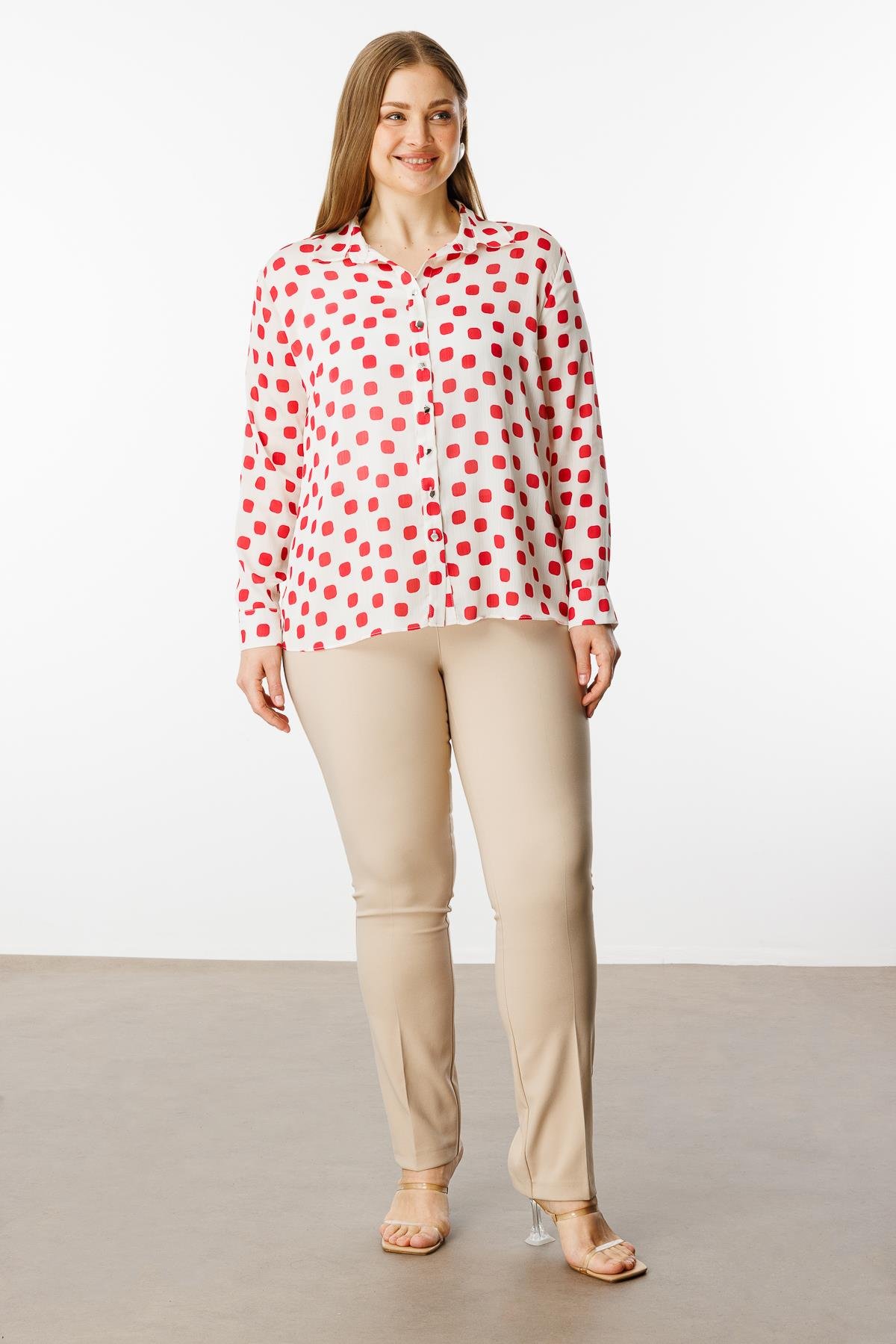 Modailgi  Puanlı Oversize Saten Gömlek Kırmızı