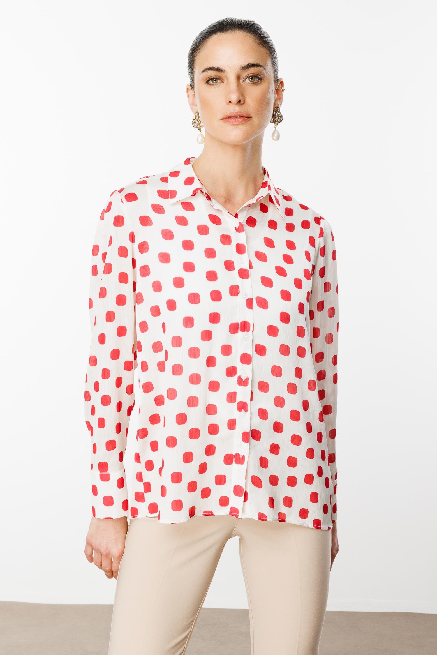 Modailgi  Puanlı Oversize Saten Gömlek Kırmızı