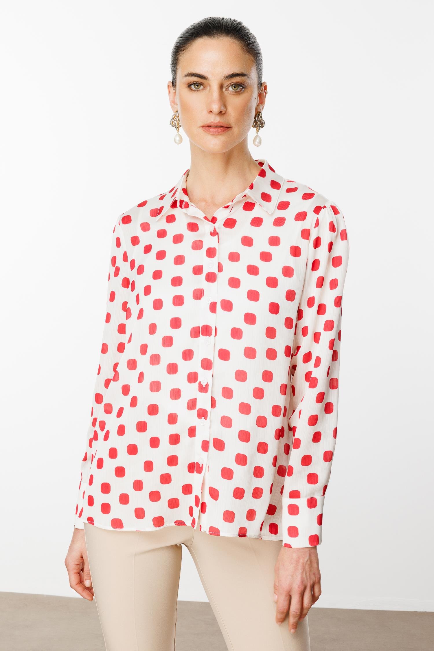 Modailgi  Puanlı Oversize Saten Gömlek Kırmızı