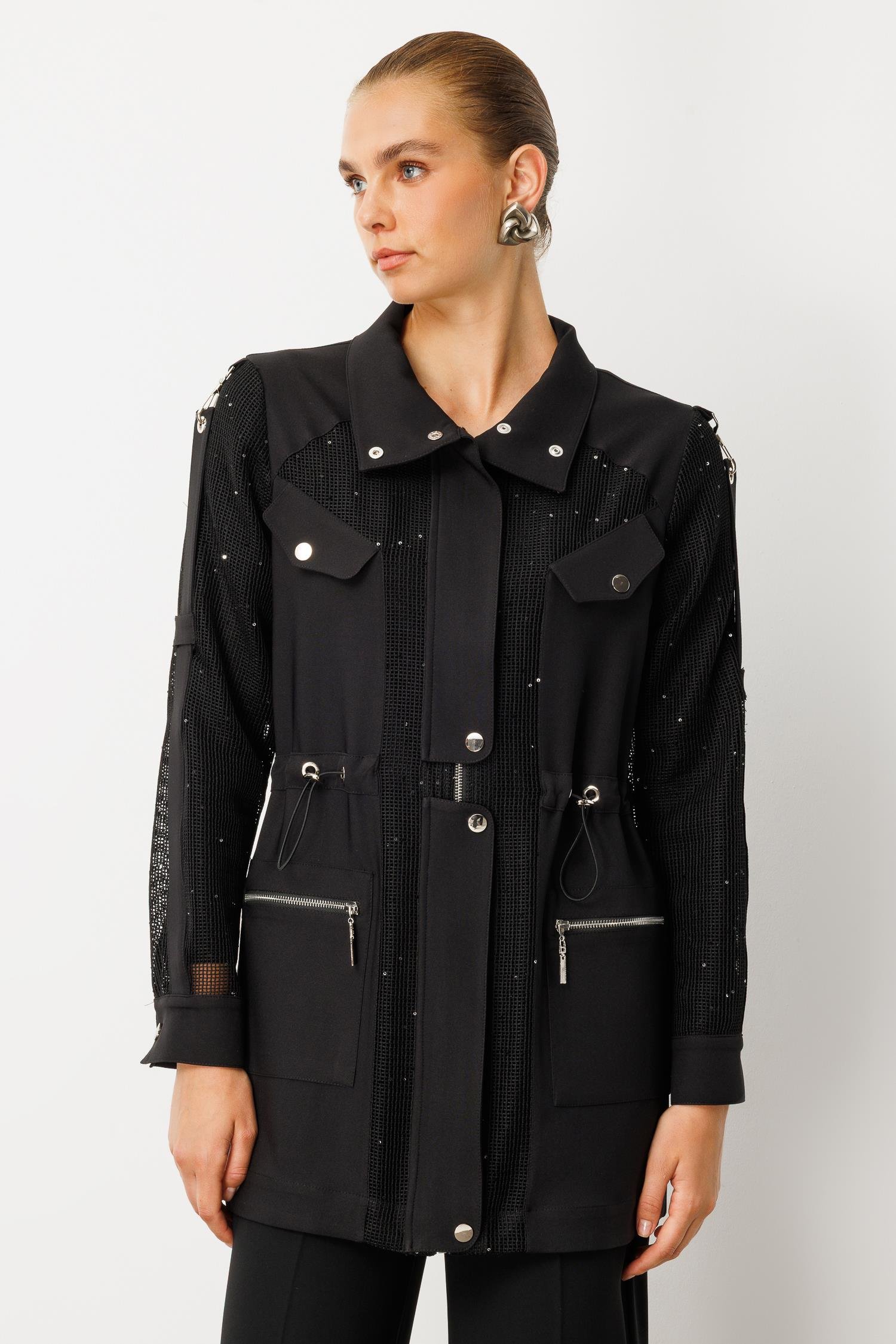 Modailgi  Pullu File Detaylı Çıtçıtlı Beli Büzgülü İkili Takım Siyah