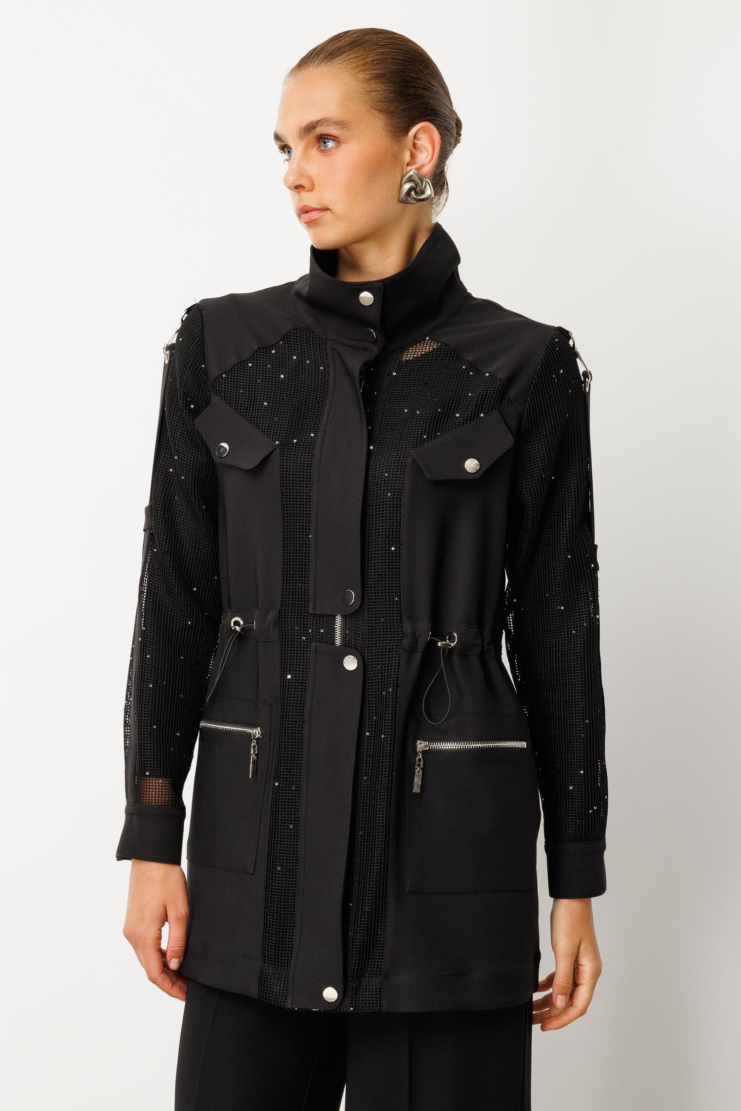 Modailgi  Pullu File Detaylı Çıtçıtlı Beli Büzgülü İkili Takım Siyah