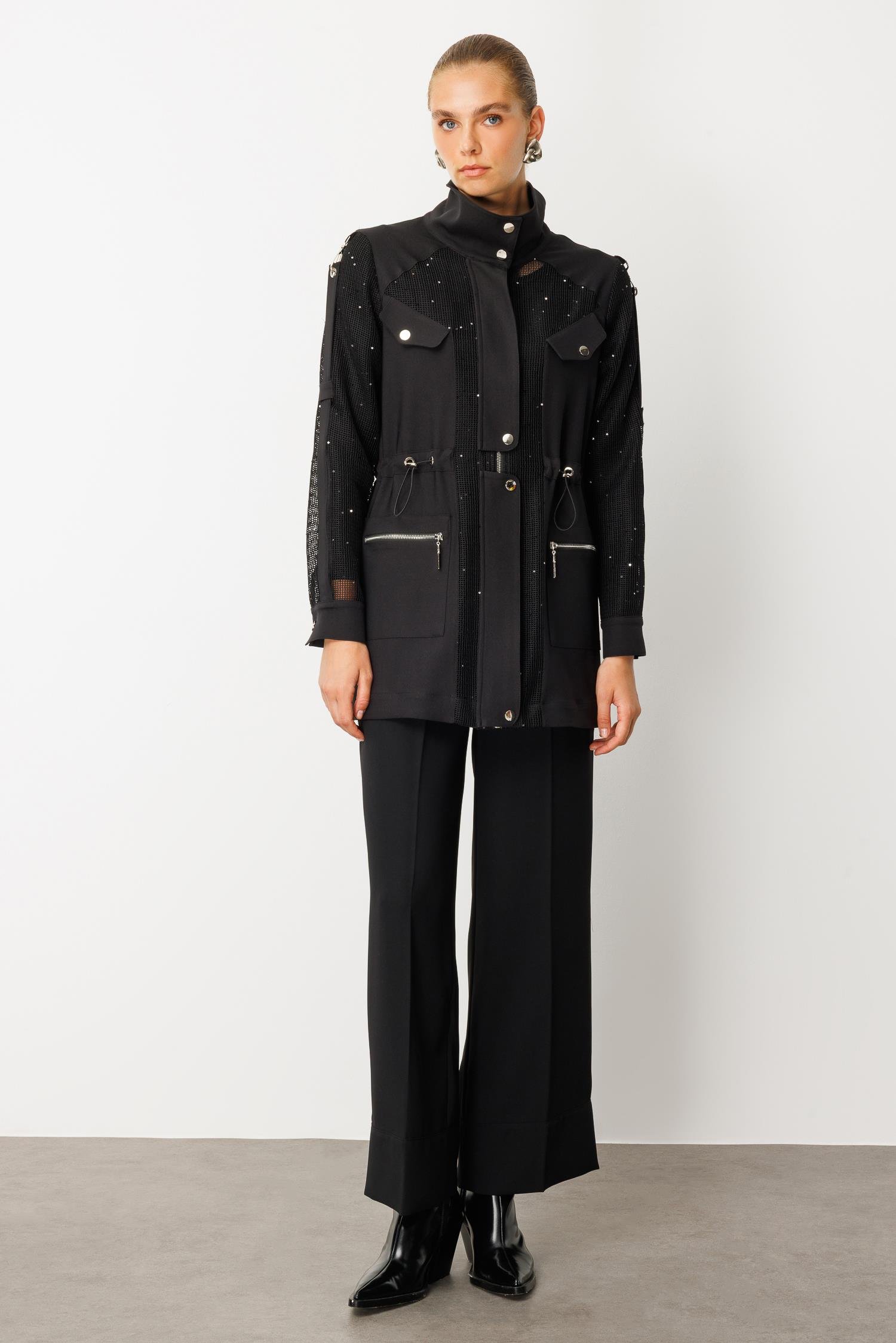 Modailgi  Pullu File Detaylı Çıtçıtlı Beli Büzgülü İkili Takım Siyah