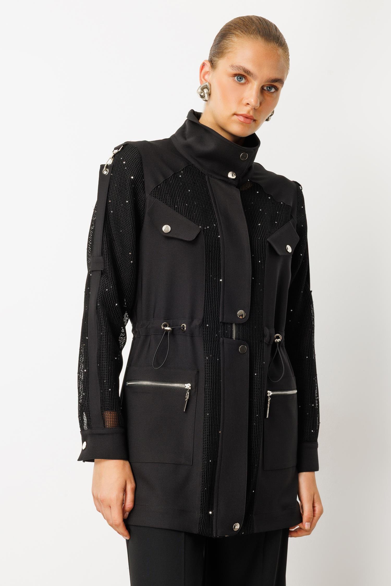 Modailgi  Pullu File Detaylı Çıtçıtlı Beli Büzgülü İkili Takım Siyah