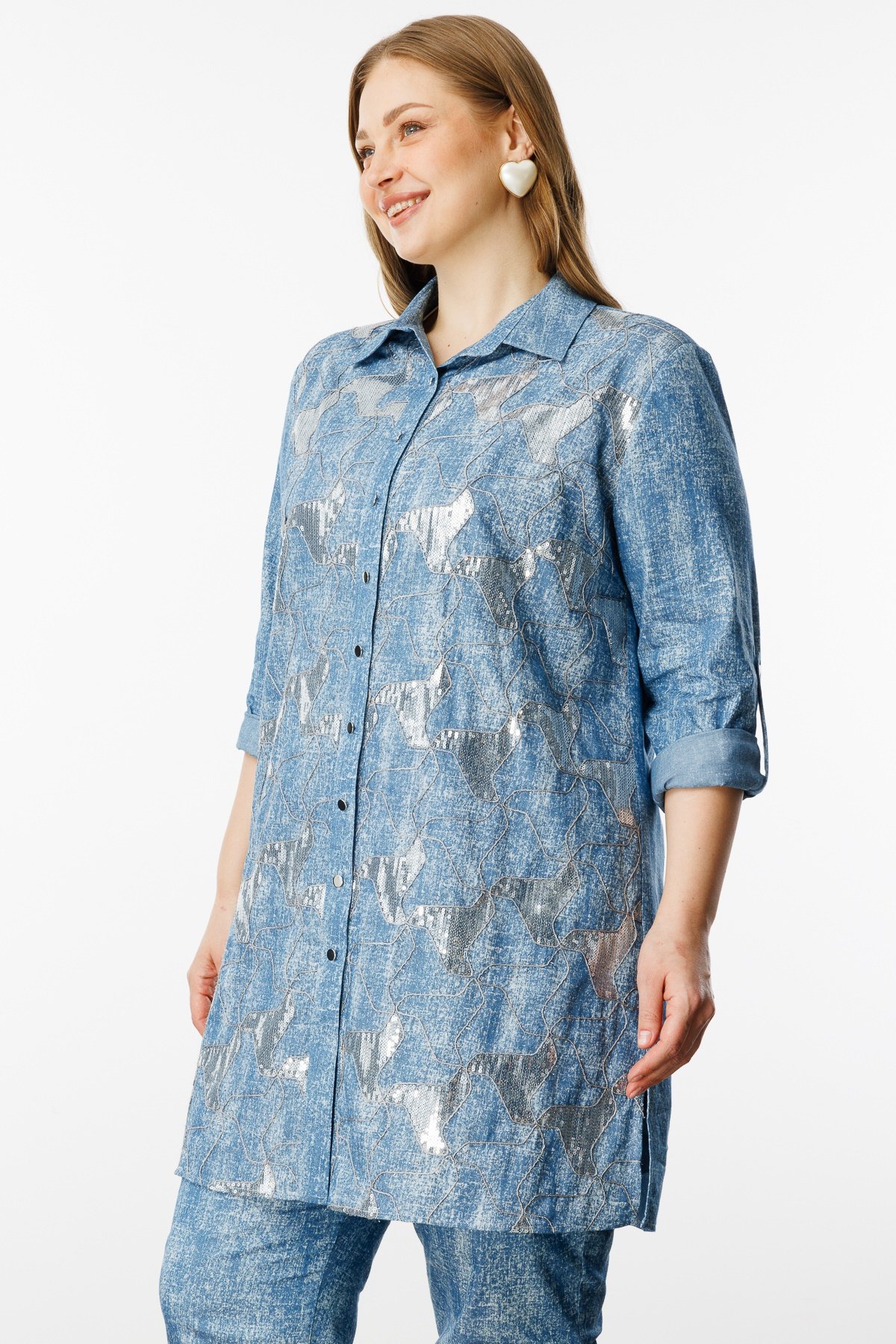 Modailgi  Pullu Nakışlı Tencel Uzun Tunik İndigo