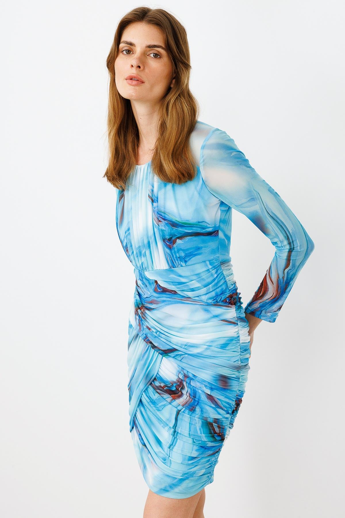 Modailgi  Reglan Kol Yuvarlak Yaka Büzgülü Kısa Tül Elbise Mavi