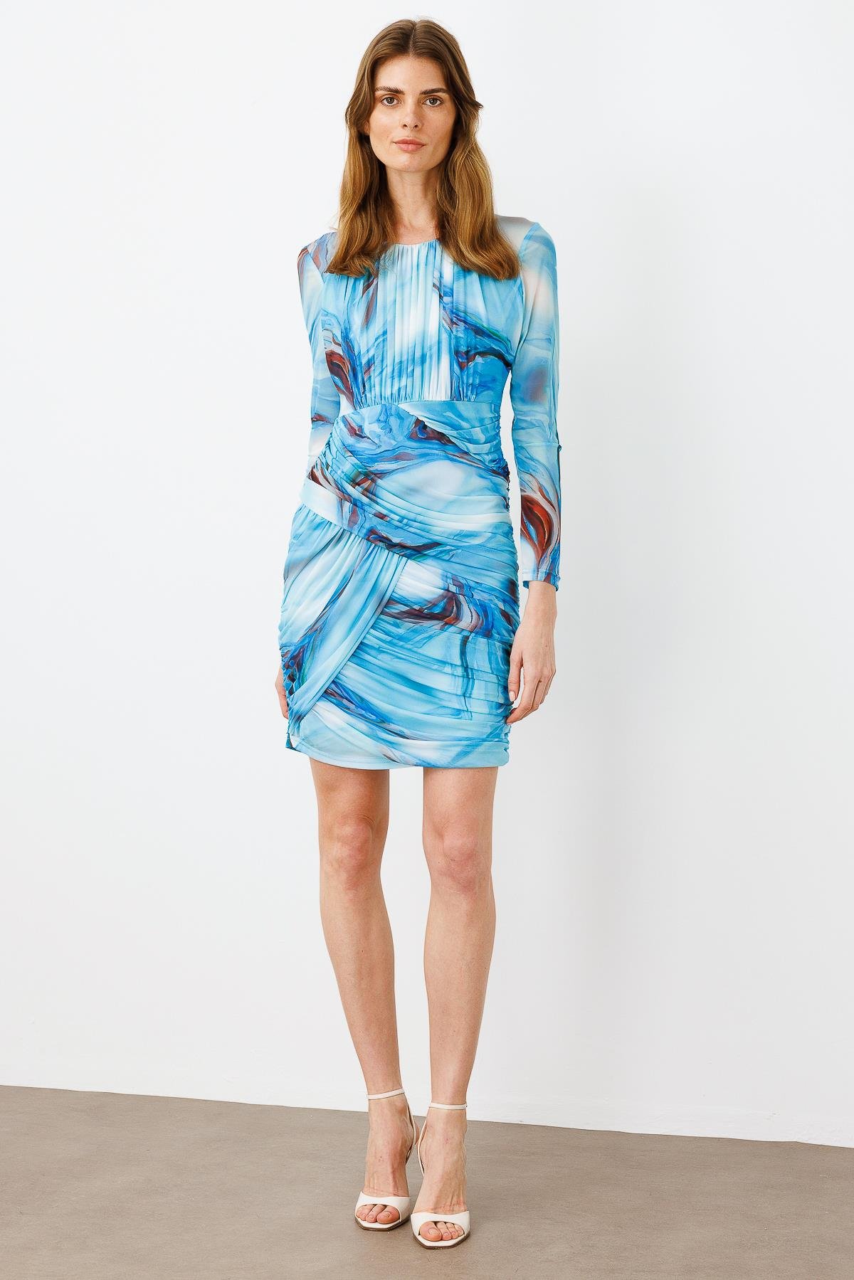 Modailgi  Reglan Kol Yuvarlak Yaka Büzgülü Kısa Tül Elbise Mavi